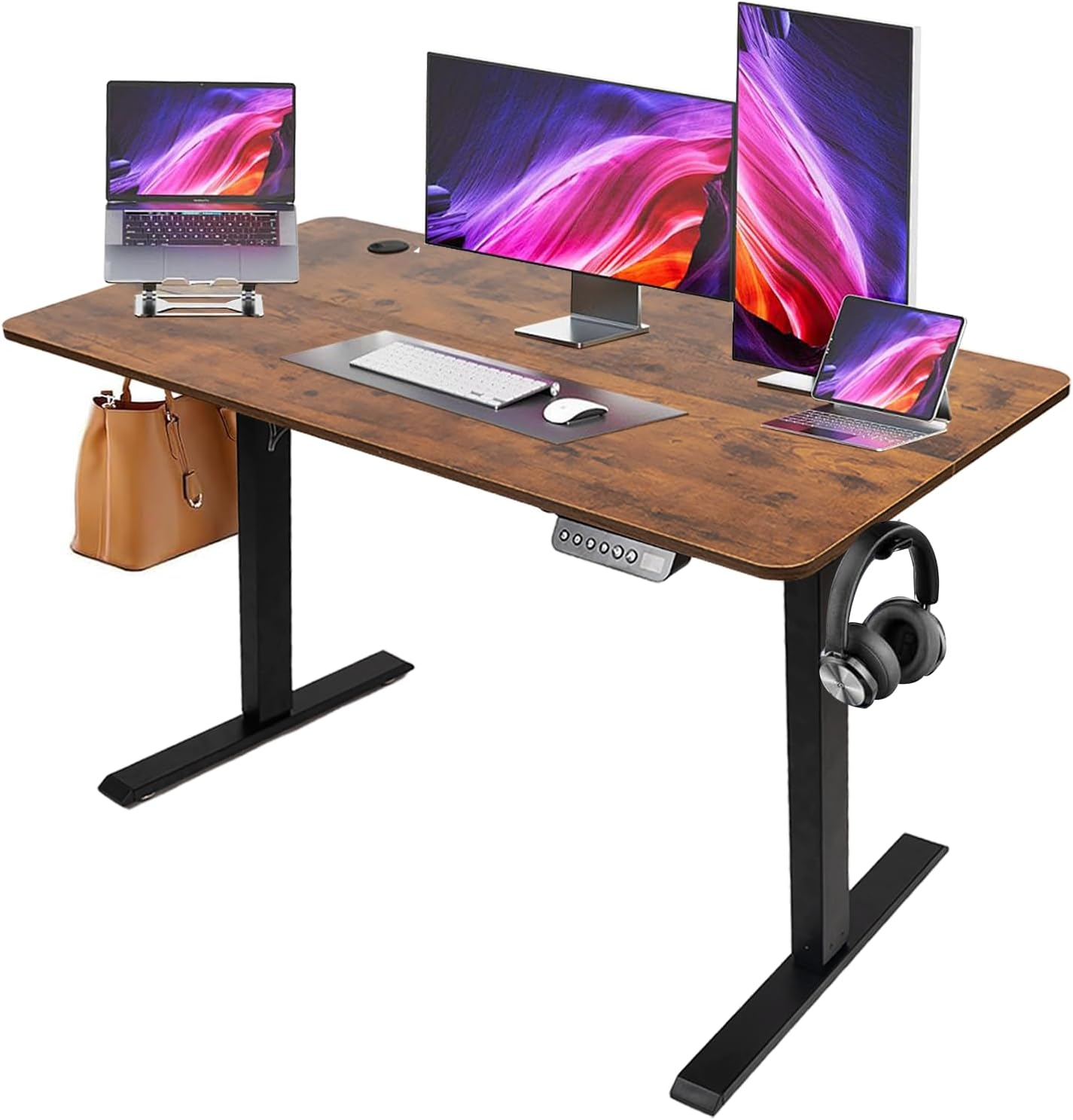 Electric Standing Desk - Motorized Height Adjustable Sit Stand Table with Touch Control Panel, Cable Management, and Headphone Hook - Ideal for Home Office (Black Frame+120Cm Brown Top)