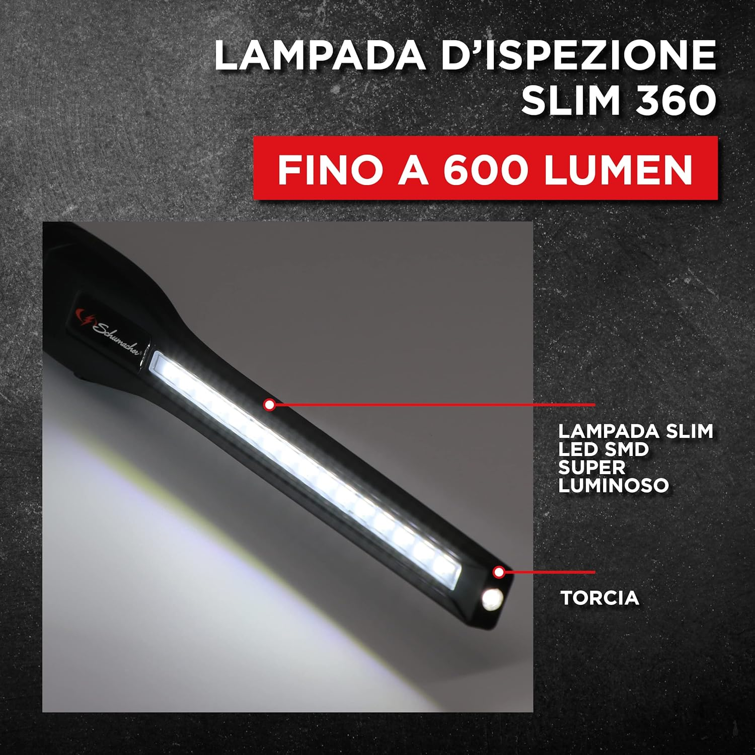 Schumacher SL184 Work Light Slim - Ultra Bright Directional Lighting with 360&deg; Rotation and Tilt Function and Dimmer - Rechargeable Lithium-Ion Battery 2600 Mah - Black