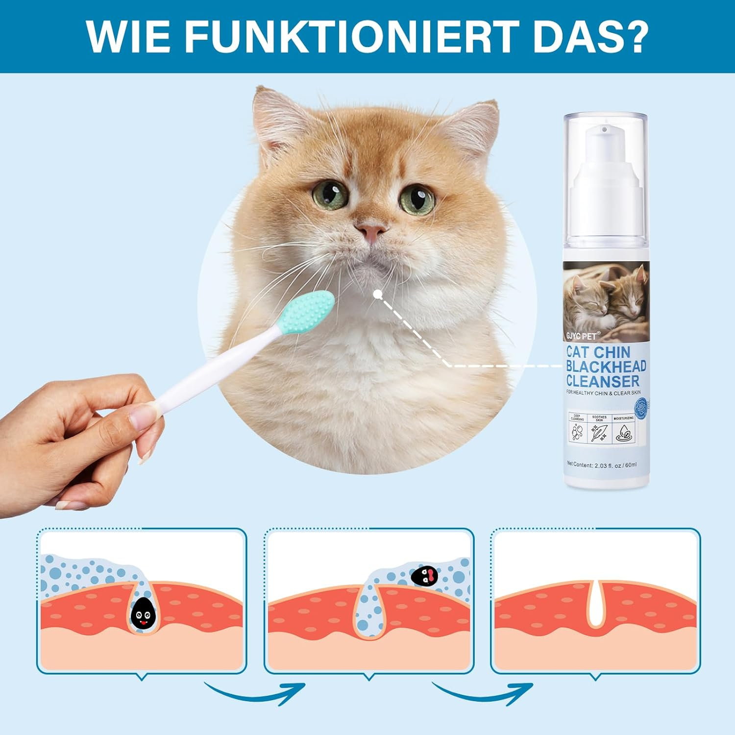GJYC PET Cat Acne Cream & Cat Acne Brush, Cat Acne Chin Care Set - Gently Removes Cat Chin Blackheads, Nourishes Cat Chin Softness and Freshness, 60 Ml image number 3