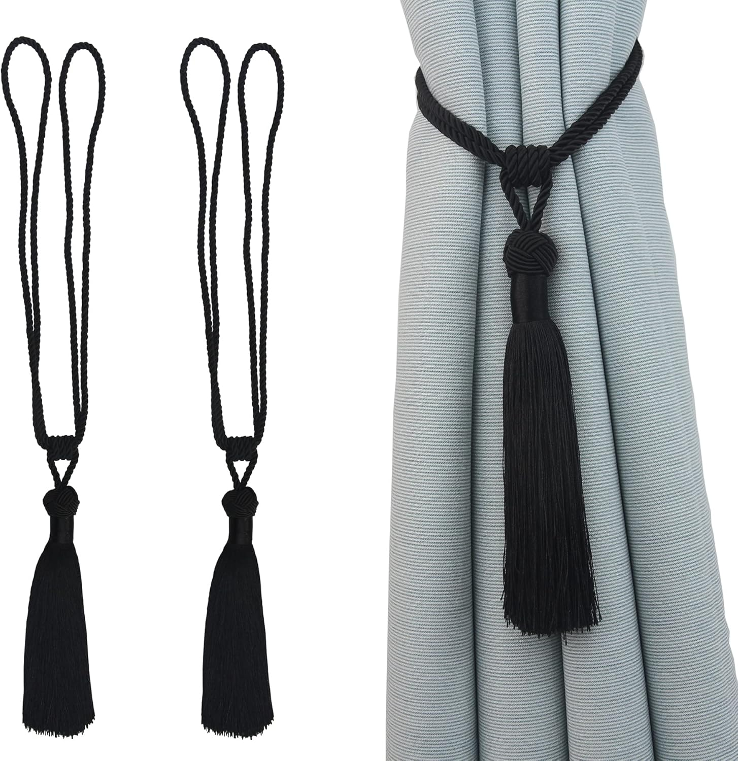 Curtain Tiebacks Handmade Rope Tassel Tie Backs Pair Curtain Holdbacks Curtain Liner Ties for Office Home Decorative Drapery Set of 2 (Silver, 2)