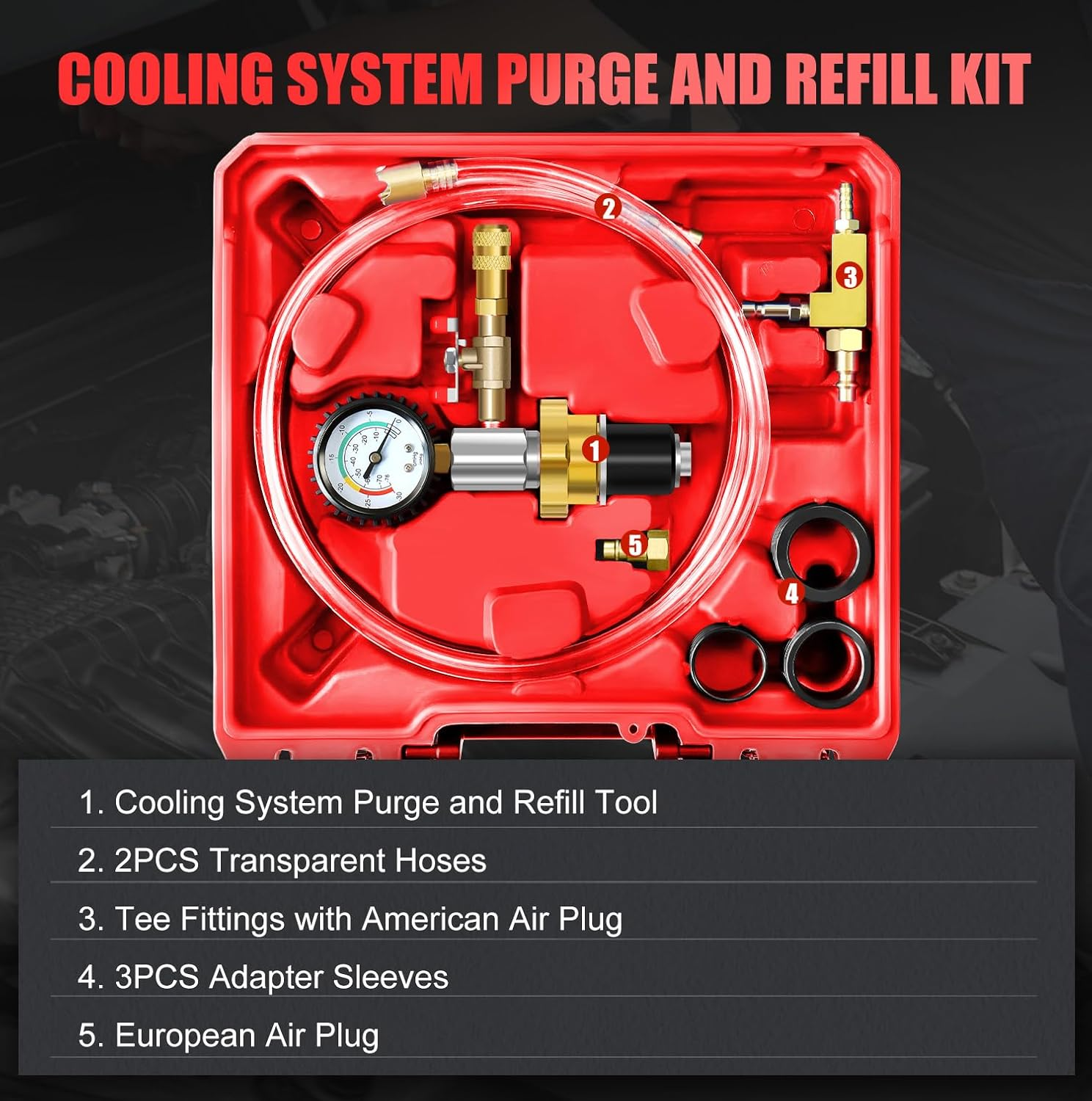 JIFETOR Cooling System Vacuum Purge Radiator Coolant Refill Tool Kit, Automotive Water Tank Pneumatic Vacuum Antifreeze Change Filler Set, with 4 Sizes Adapter Case Hose for Car Van SUV Truck - Red Case image number 5