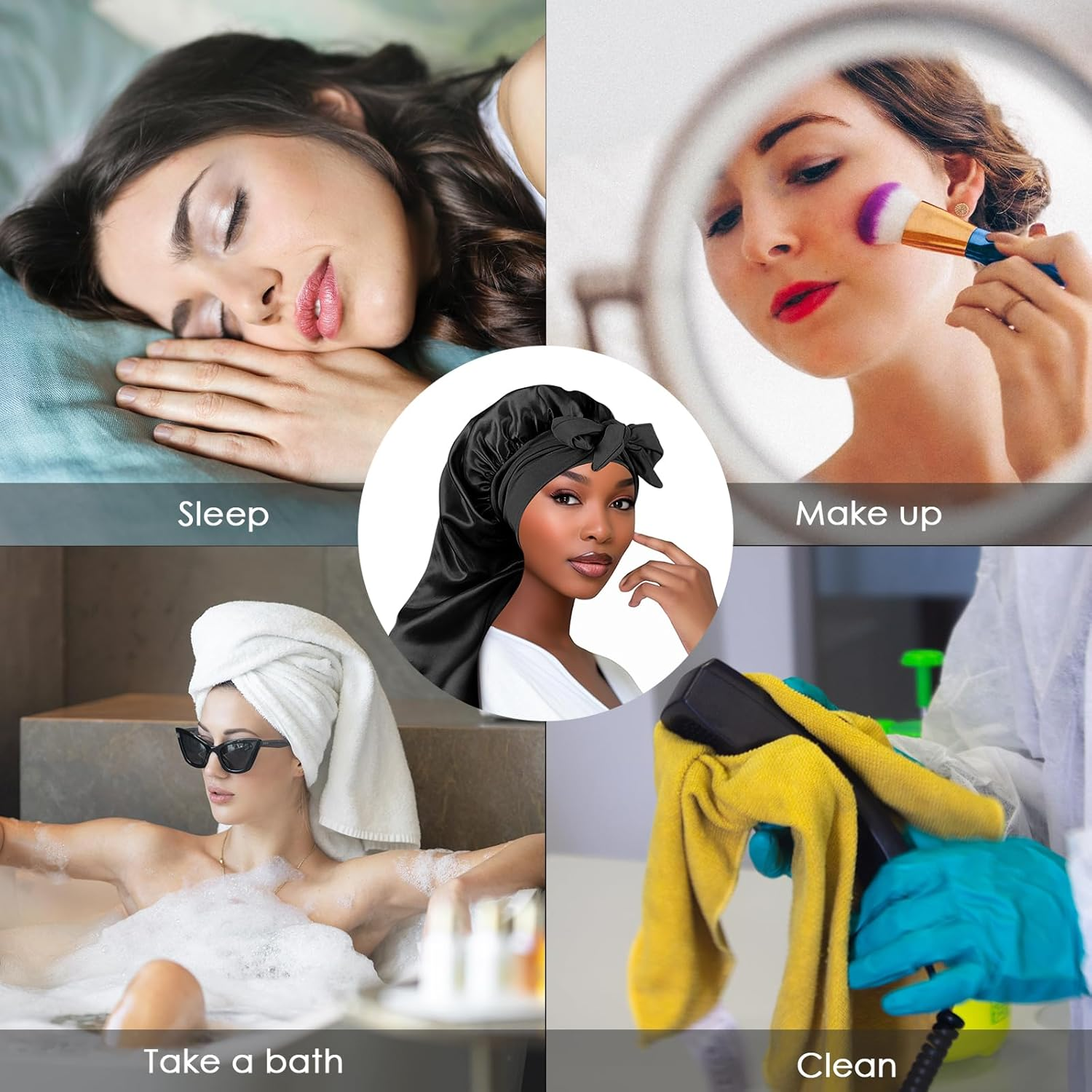 Extra Long Satin Bonnet for Women, Adjustable Braid Bonnet with Tie Band, Double Layer Elastic Silk Headwear, Black, One Size image number 2