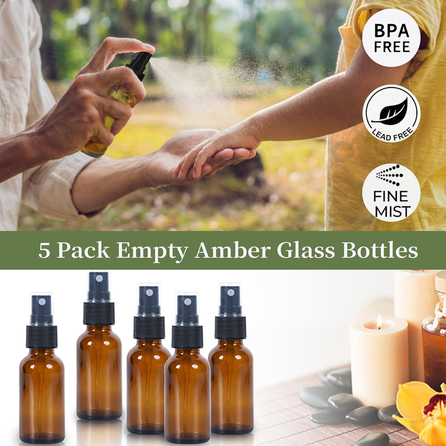 5 Pack Empty Amber Glass Bottles with Fine Mist Sprayer & Dust Cap, 50/100Ml Spray Roller Bottles, Refillable Glass Spray Bottles Containers for Essential Oil, Plants Water Cleaning Liquid (100ML) image number 3