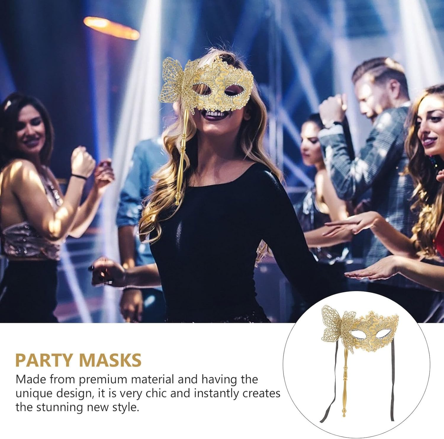 NUOBESTY Masquerade Mask with Stick Venetian Halloween Costume Mask Mardi Gras Mask for Womens Cosplay(Golden) image number 3