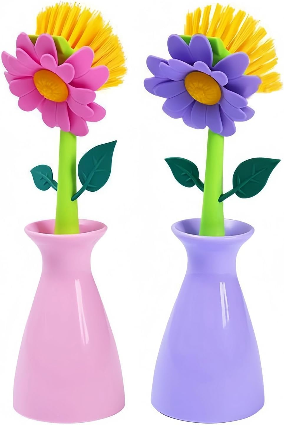 JANKOW Long Handle Flower Pot Brush, Florganic Dish Brush with Vase, Long Handle Dish Brush Kitchen, for Cleaning Pot Pan Sink Kitchen Supplies Decorative Vase (2 Pcs) (Purple/Pink)
