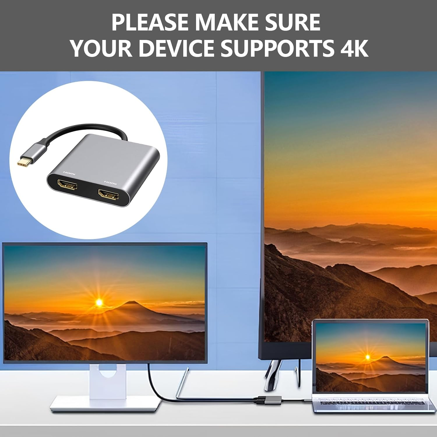 USB C HDMI Splitter, USB C to Dual HDMI Adapter 4K@60Hz, HDMI Splitter for Dual Monitors Extended Display, Support Dual Monitors 4K 30Hz, Compatible with Macbook, Macbook Pro, Dell XPS (Grey) image number 1