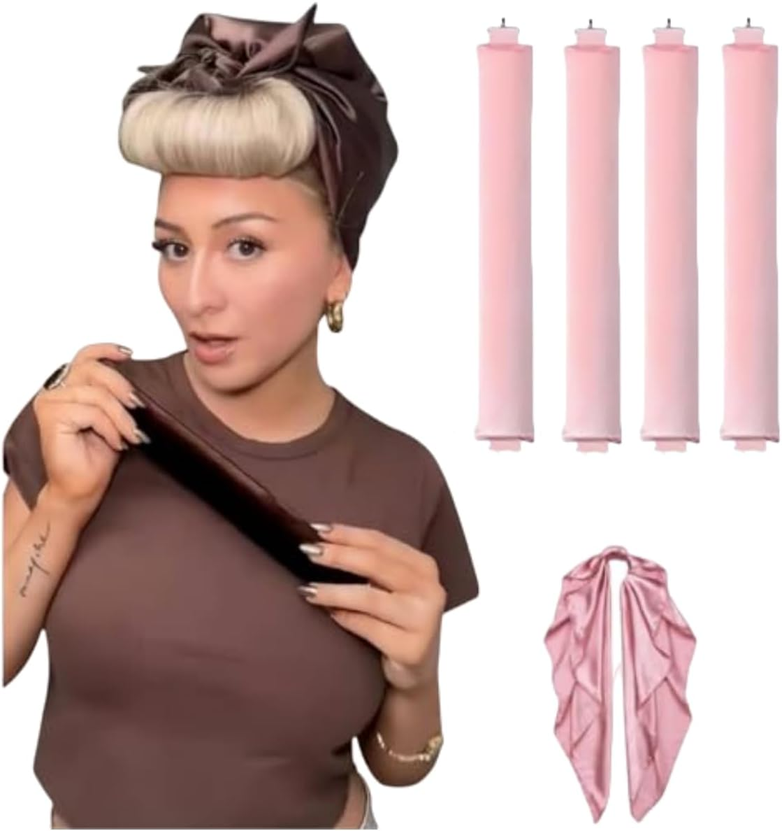 5PCS Heatless Hair Curler, Heatless Curlers Headband with Hook and Kerchief, Hair Curlers No Heat for All Hairs Types, Soft Hair Roller for Sleeping, Heatless Curling Set Overnight Curls (Pink, 5 Pack)