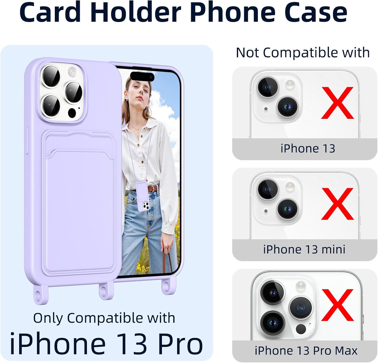 Vauki Mobile Phone Chain Silicone Case for Iphone 13 Pro with Strap, Mobile Phone Case with Card Slot, Removable Adjustable Cord Chain for Hanging, Shockproof Protective Case for Iphone 13 Pro Cord image number 3