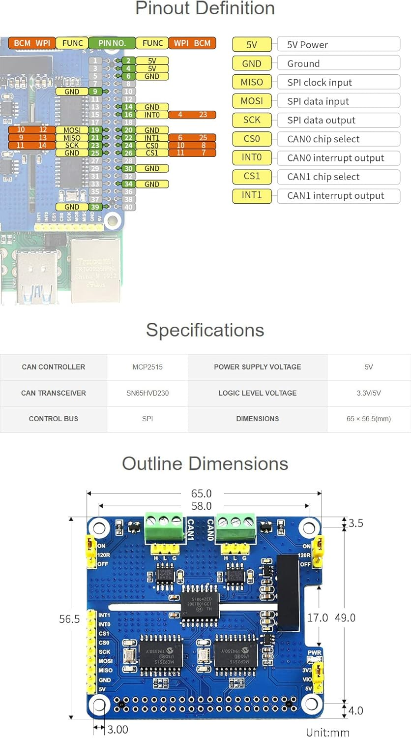 Waveshare 2-Channel CAN Bus Expansion HAT for Raspberry Pi MCP2515 + SN65HVD230 Dual Chips Solution image number 3