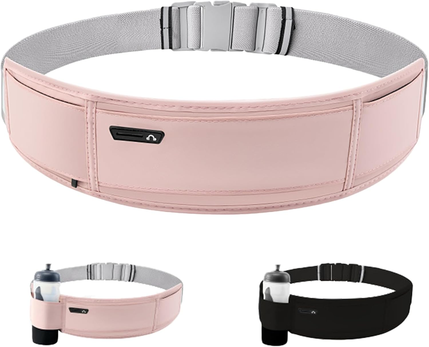 Slim Running Belt,Waist Pack,3-Pocket Waterproof Adjustable Fanny Pack with Hidden Water Bottle Pocket,Phone Holder for Running, Jogging, Hiking, Cycling(Black)