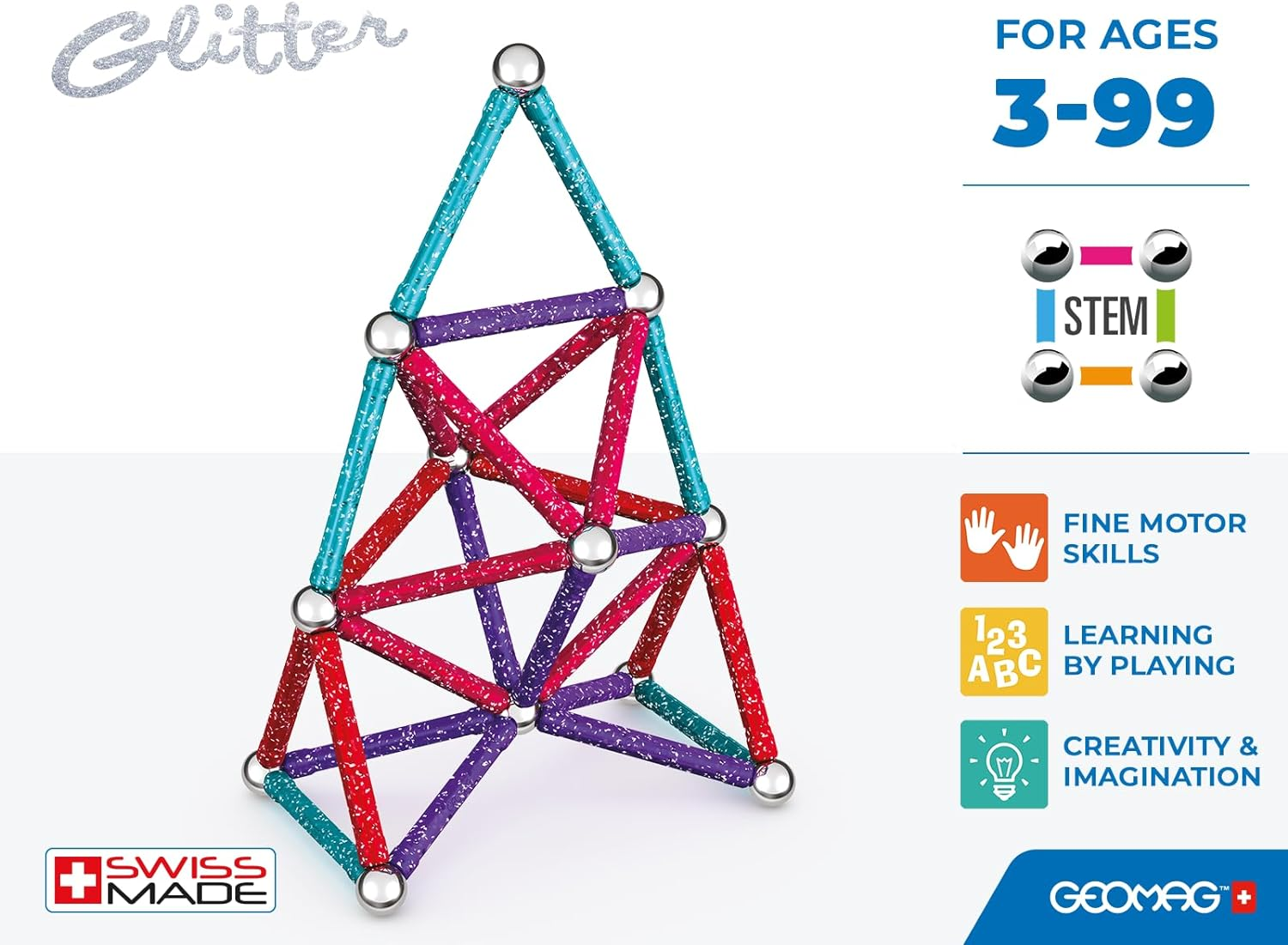 Geomag, Recycled Glitter, Magnetic Constructions with Glitter Effect, Colorful and Glittery Magnetic Bars, 60-Piece Pack, 100% Recycled Plastic, White image number 2