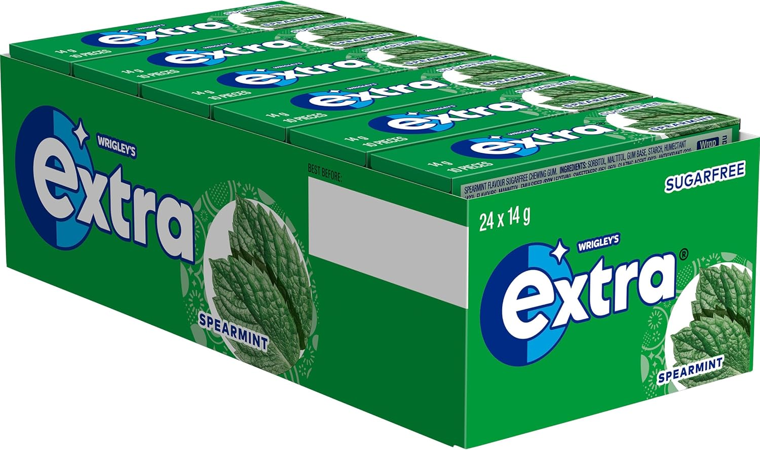 Extra Spearmint, Sugar Free Chewing Gum Pellets, 24 Packets with 10 Pieces image number 5