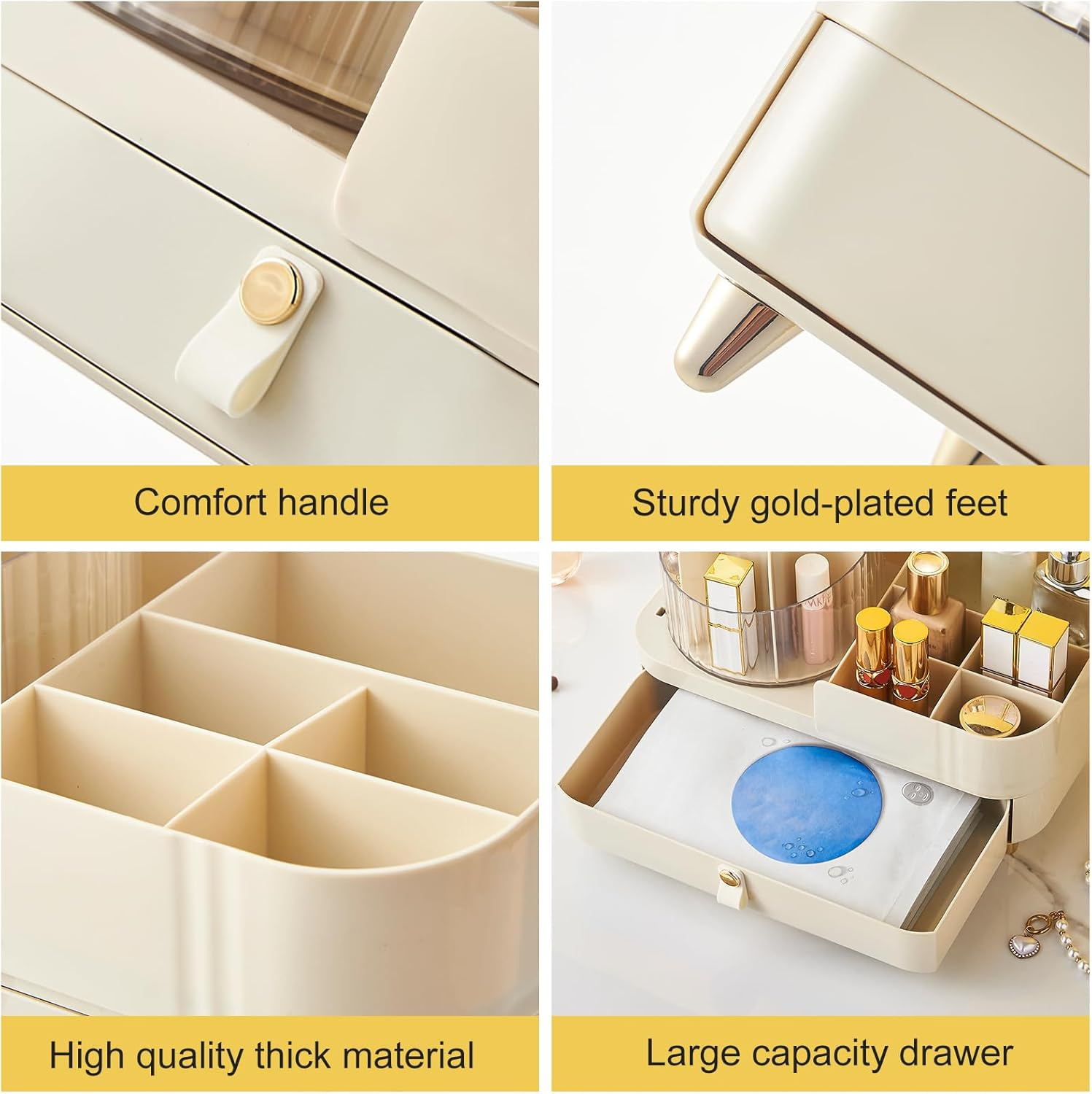 DASITON 360&deg; Rotating Makeup Organizer with Drawers,Large Capacity Cosmetic Display Case,Skincare Organizer with Makeup Brush Holder,Makeup Storage Organizer for Vanity,Desktop,Bathroom (Cream) D1104 image number 3