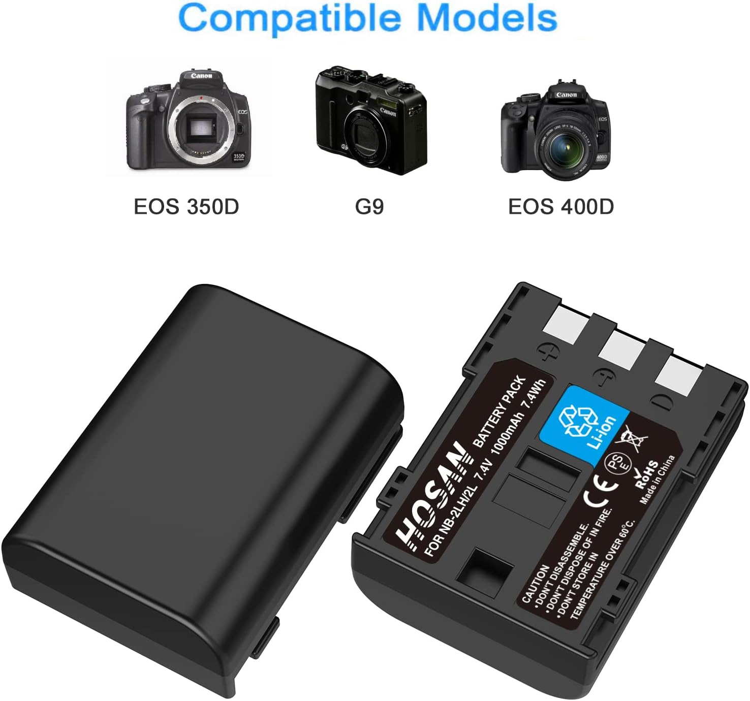 NB-2L NB-2LH Battery (2 Pack) and USB Charger Kit for Canon NB-2L NB-2LH HF R10, HF R11 Powershot G7 G9 S30 S40 S45 S50 S60 S70 S80 EOS 350D 400D HV30 DC300 HG10 IXY DVM3 DV5 DV3 image number 4