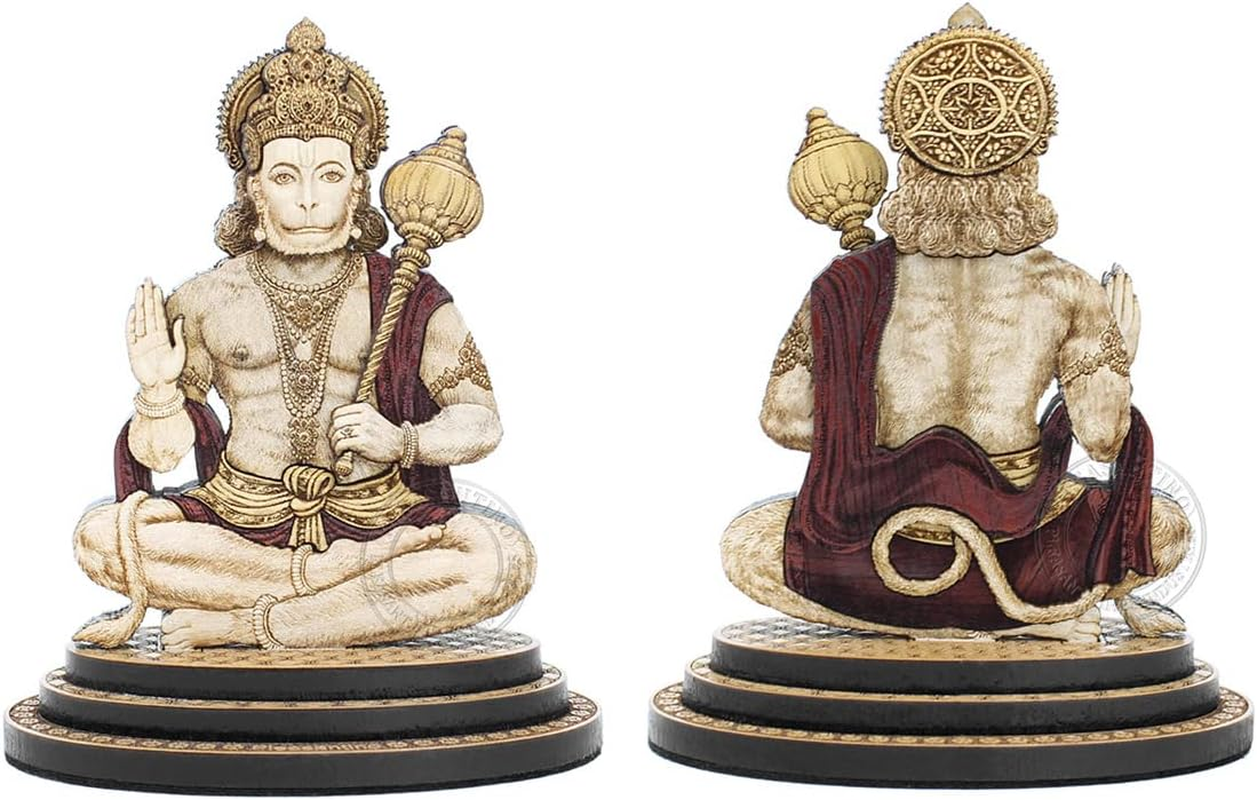 PLEASANTINO - 4 Inch Lord Hanuman (Ashirwaad) Wood Carved Statue in Exotic Hard Woods - Multi Layered Hand Made Wooden Hindu God Bajrang Bali Idol for Car Dashboard, Home, Office, and Travel image number 1