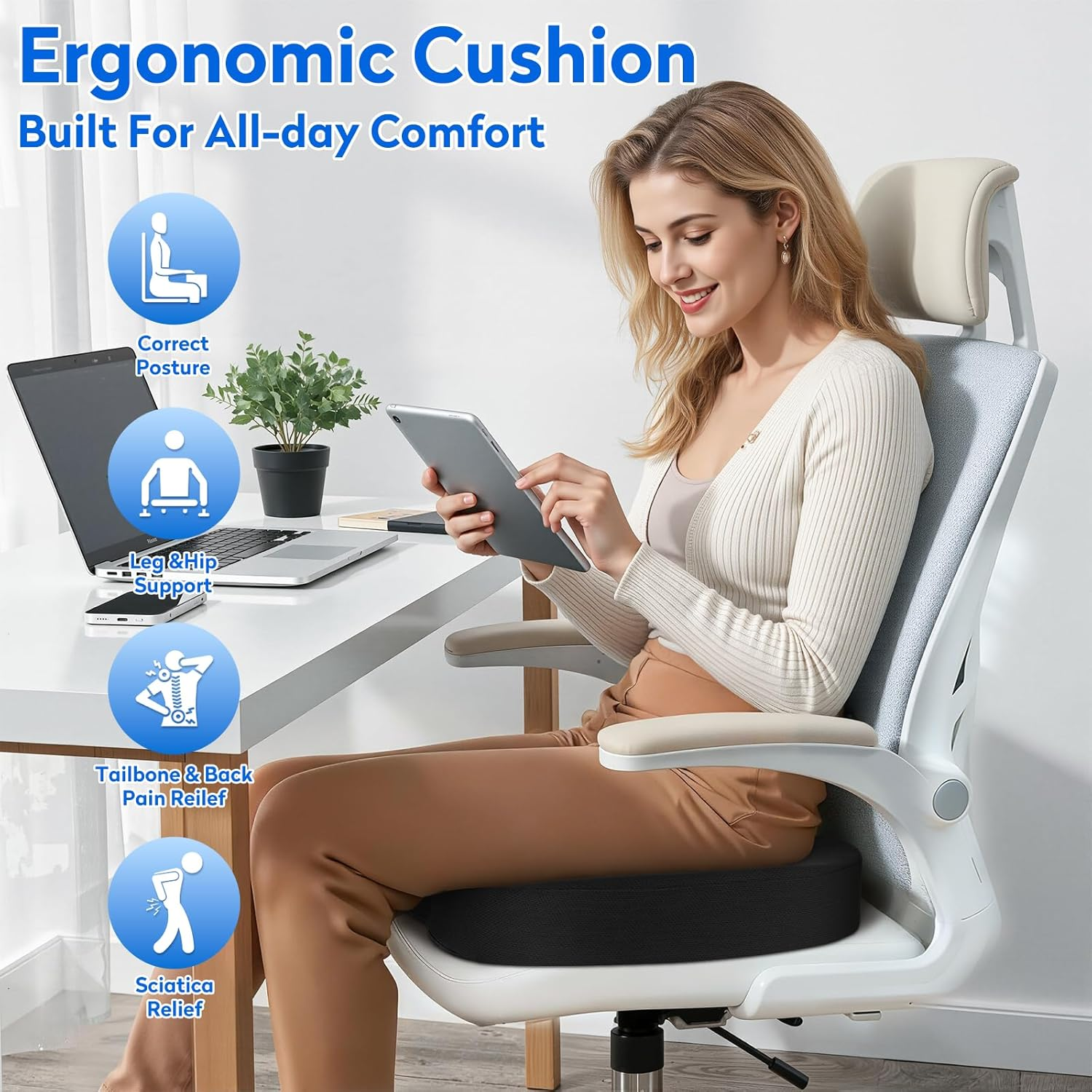 Seat Cushion for Office Chair, Car Seat, Airplane, Bleacher & Wheelchair, Ergonomic Memory Foam, Non-Slip Chair Pad, Office Desk Accessories for Back/Tailbone/Sciatica Pain Relief (Black)