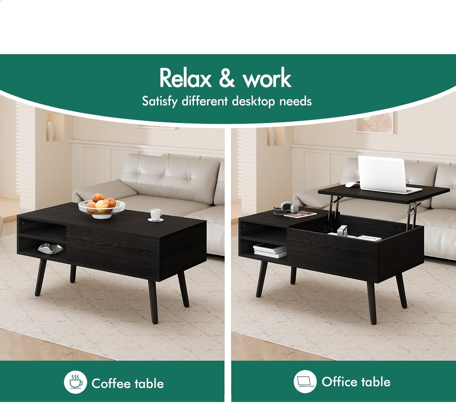 ALFORDSON Lift Tabletop Coffee Table Center Table Black Color, Living Room Office Reception Dining Table with Rising Top, Hidden Storage and Side Open Shelves image number 6