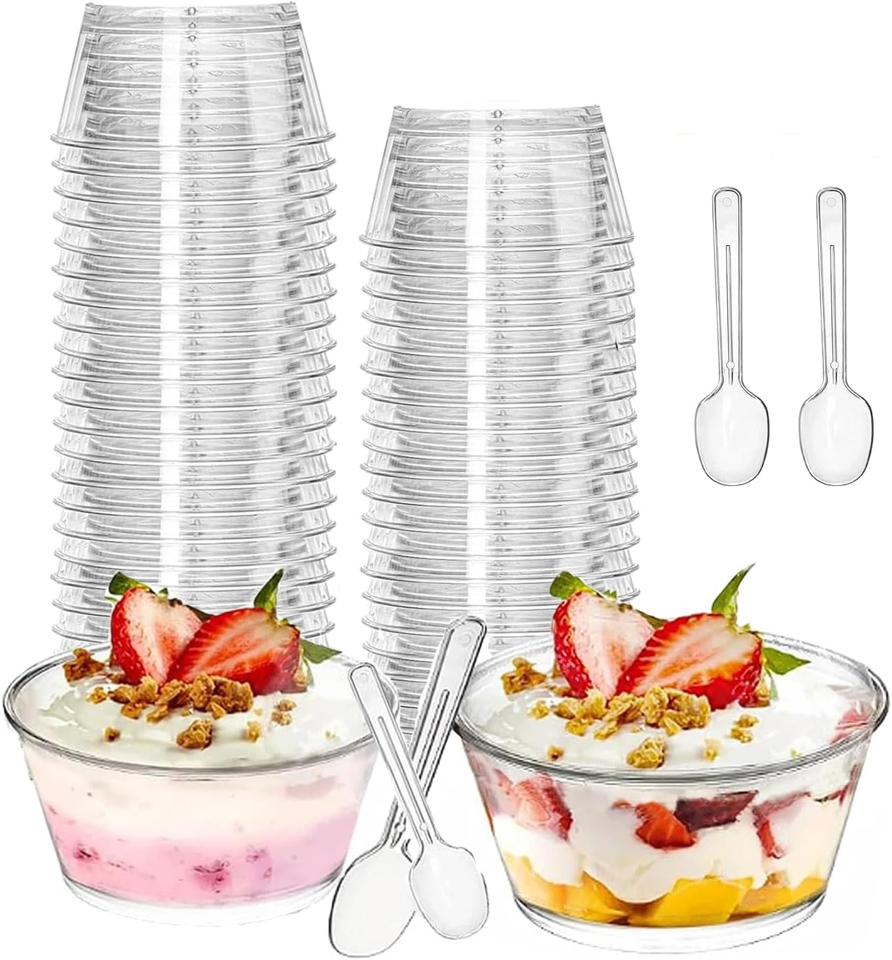50 Mini Dessert Bowls with Spoons, 140Ml Circular Reusable Dessert Bowl, Transparent Plastic Dessert Bowl, for Parties, Birthdays, Puddings, Yogurt and Ice Cream.