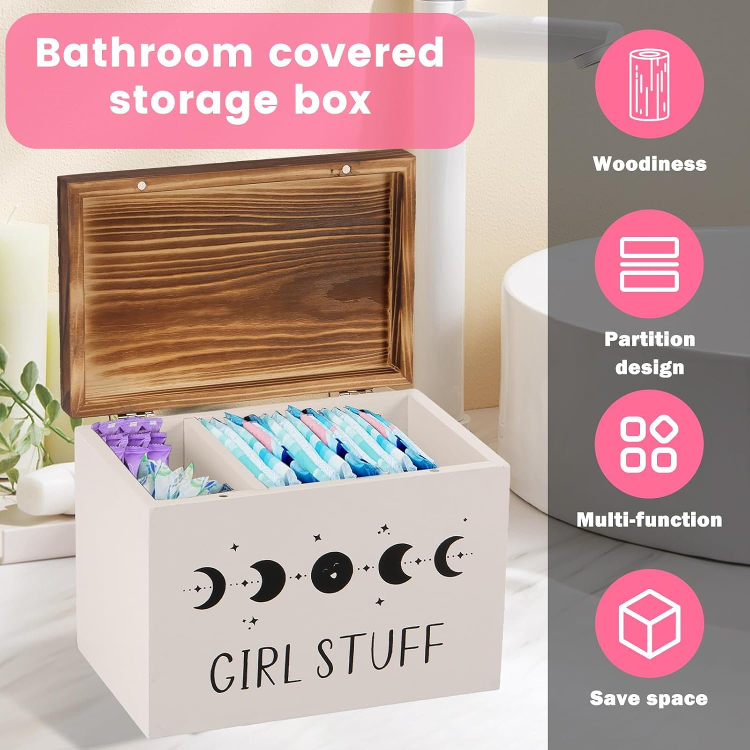 Wood Lady Stuff Storage Box, Lightweight Versatile Feminine Product Organizer, with Hinged Lid and Removable Divider, Tampon Holder and Pad Case for Bathroom Accessories image number 6