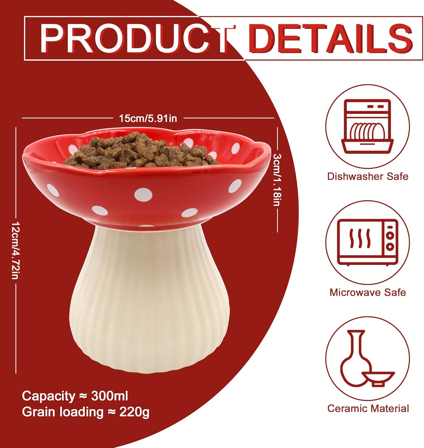 Ceramic Raised Cat Bowl, Wide Shallow Elevated Cat Bowls Whisker Friendly, Cute Mushroom Cat Food Bowls Elevated for Flat Faced Kitten, Cat Dishes for Food and Water (Red) image number 6