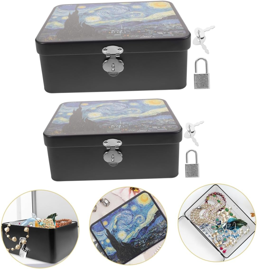 MAGICLULU 2Pcs Retro Tinplate Storage Box Lock for Jewelry and Keepsakes Desk Organizer Box for Photo and Items image number 5