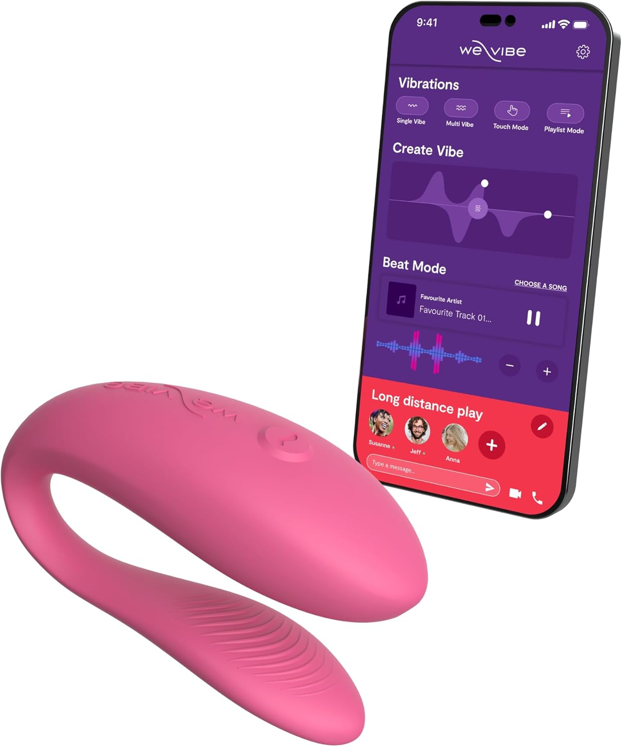 We-Vibe Sync Lite Couples Vibrator &ndash; App Controlled C-Shape Vibrator &ndash; Wearable Vibrating Couples Adult Sex Toy &ndash; G-Spot and Clitoris Dual Stimulation &ndash; USB Rechargeable - Coral Pink