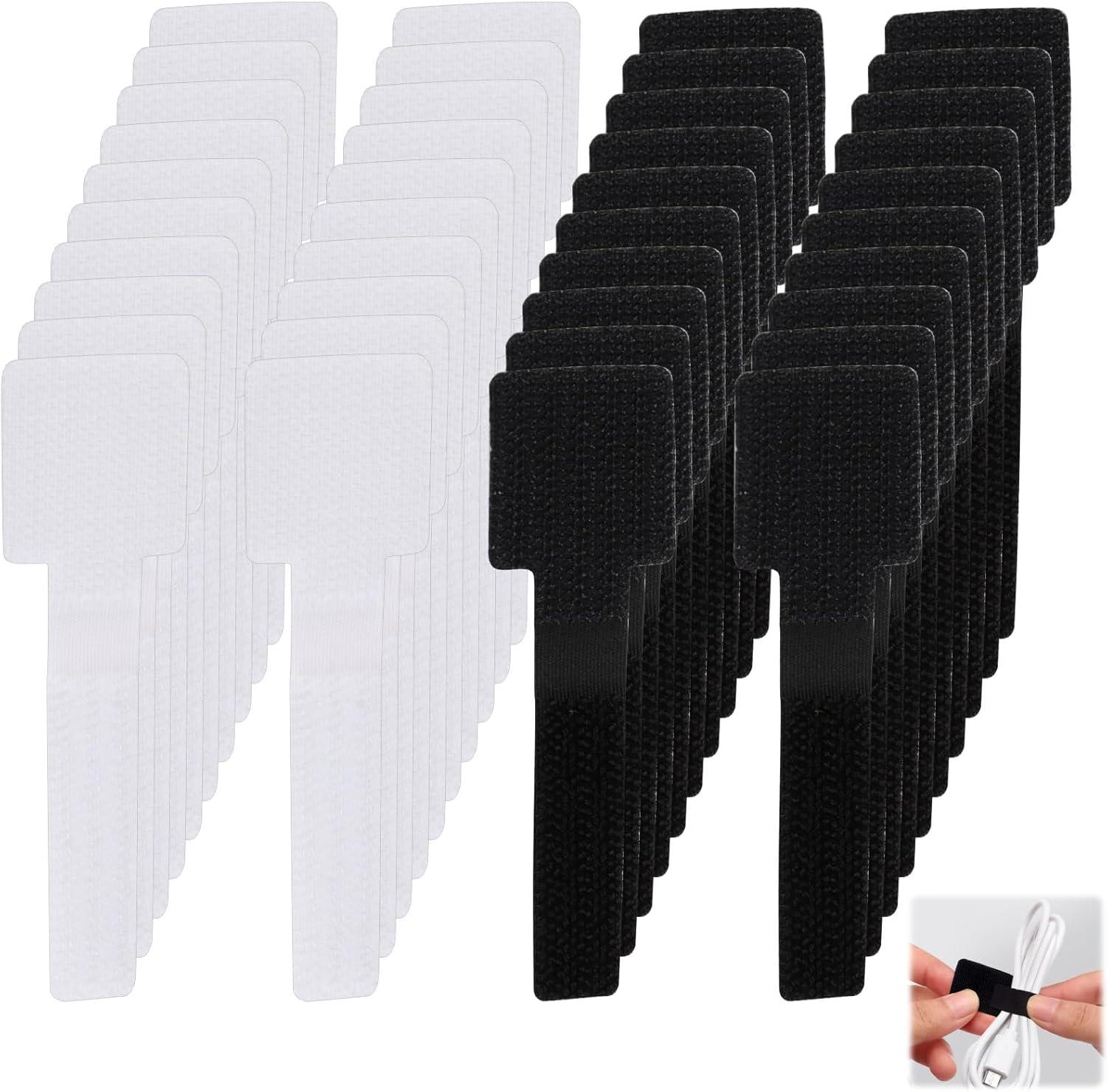 40 Pcs Hook and Loop Velcro Cable Ties - Reusable Strong Adhesive Cord Organizers for Desk/Home/Office - No Residue Heavy Duty Cable Management Straps, Electrical and Wiring (White & Black)