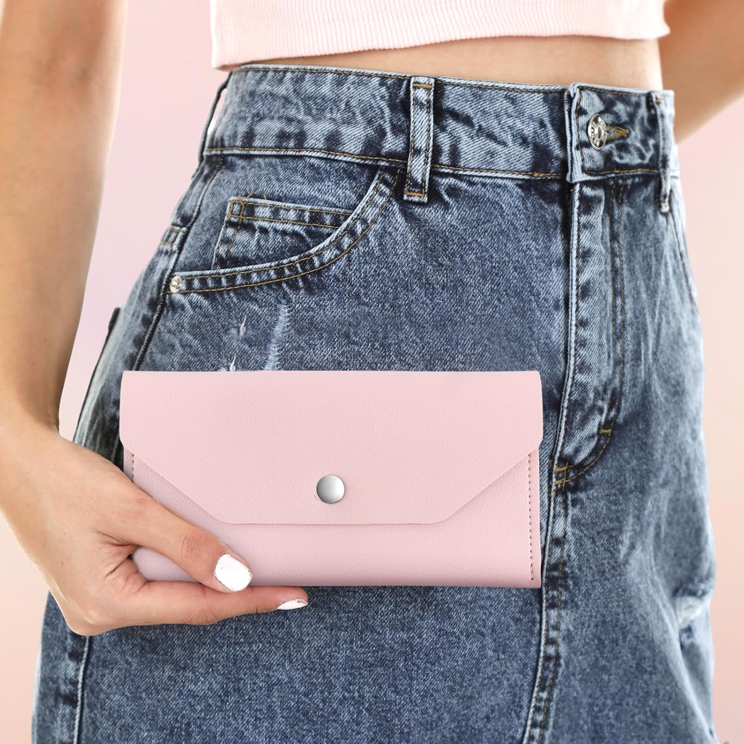 Teaaha Cash Wallet Genuine Leather Money Stuffing Wallet Organiser Reusable Budget Envelope Wallet Retro Clutch Wallet for Men Women Cash Check Billing, Minimalist Design, Pink, Modern image number 3