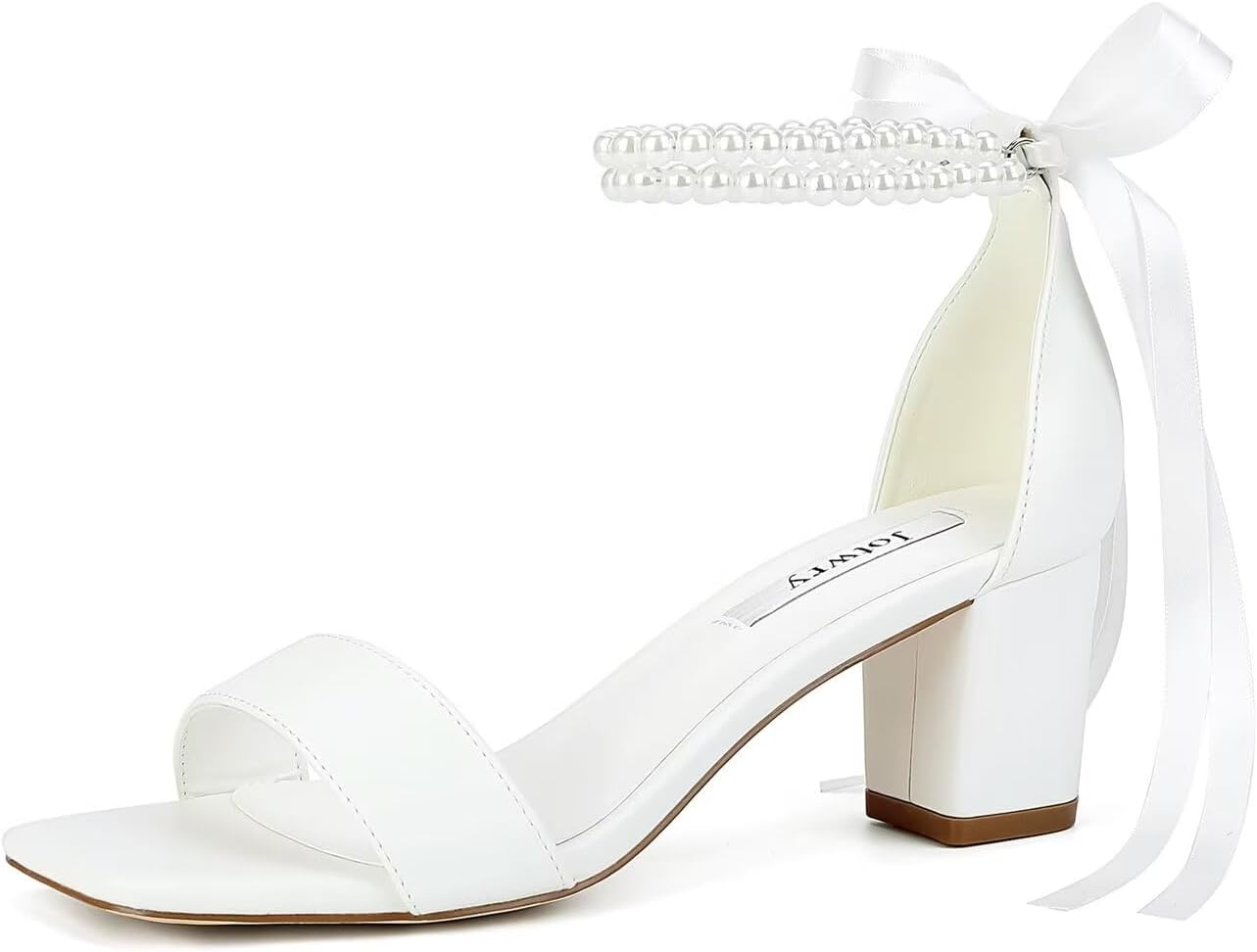 Jotwry Block Heel Wedding Shoes for Bride Pearl Heels Wedding Sandals Square Open Toe Bridal Shoes