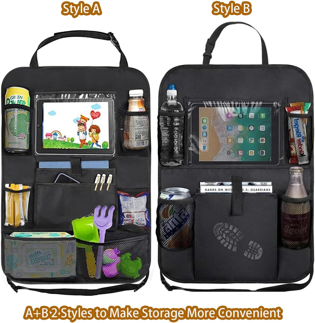 2 Pack Car Backseat Organiser with 10" Tablet Holder anti Kick Mats Back Seat Protector Car Back Seat Organizer for Kids Car Travel Accessories Kids Toy Storage with 9 Storage Pockets image number 3