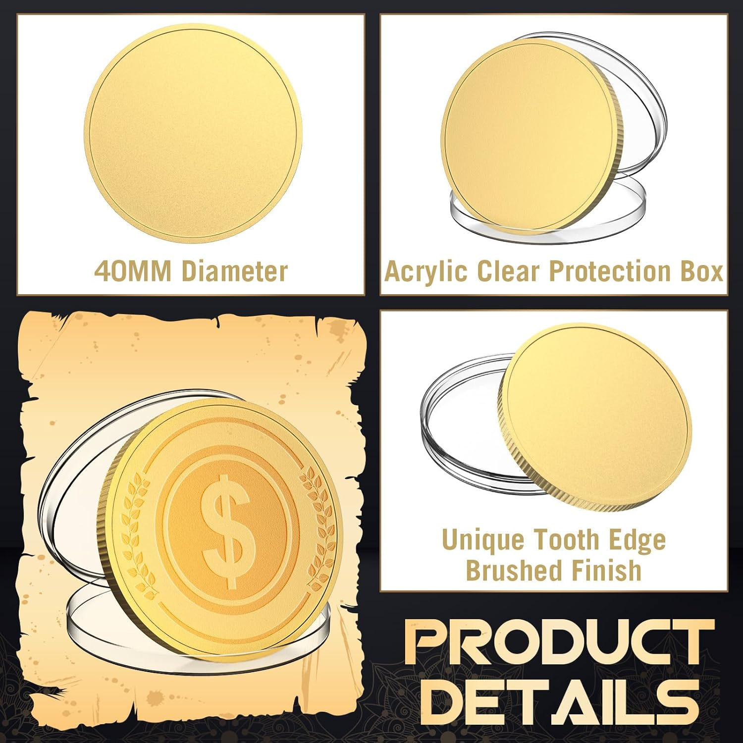 6 Pcs Blank Challenge Coin, Engraving Blanks Coins Threaded Edged 40 Mm with Acrylic Protection Box Laser Engravable Pattern for DIY Crafts Birthday Travel Commemorative Collection (Gold) image number 3