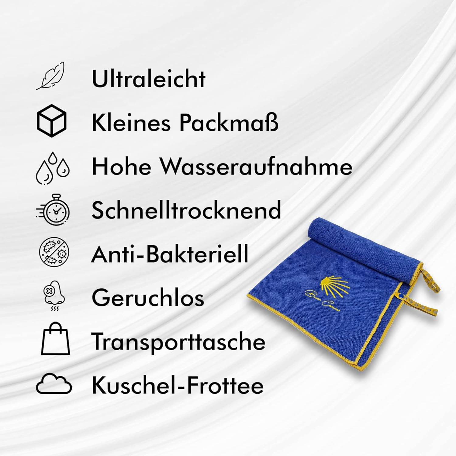 Buen Camino Microfibre Hand Towel 120 X 60 Cm | Travel Towel for the Jakobs Way | Very Absorbent, Ultralight, Quick-Drying, Small Pack Size, Cuddly Soft, Terry Towel,