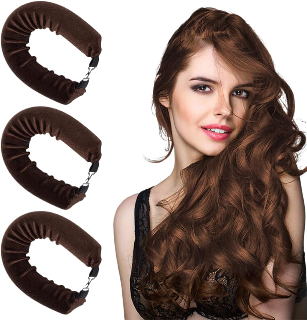 Pack of 3 Heat-Free Curlers, Overnight Curlers with Hooks, Heatless Curls for All Hair Types, Brown Cotton Flexi Rod Hair Rollers