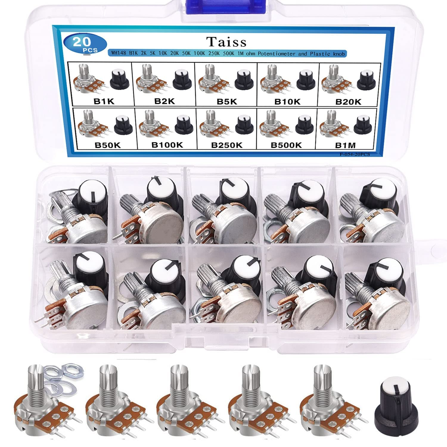 Taiss 20PCS Potentiometer Kit with Knobs B1K 2K 5K 10K 20K 50K 100K 250K 500K 1M Ohm Potentiometers Assortment 3 Terminals Linear Taper Rotary Audio B Type Potentiometer,Volume Control Potentiometer