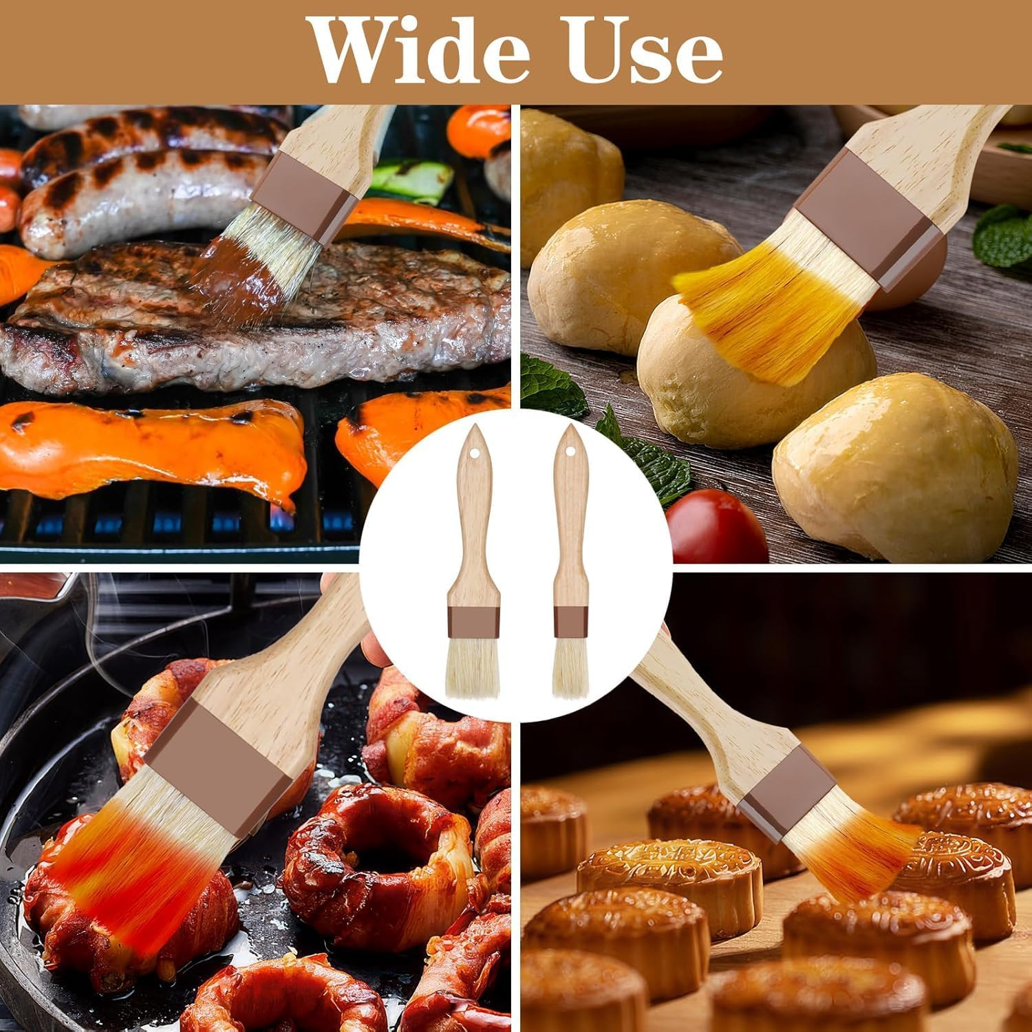 Natural Bristle Pastry Brushes 2-Pack, Dual Sizes (1" & 1.5") Beechwood Handle Basting Brushes for Cooking, Grilling, Baking, Oil, Butter & Marinade image number 3