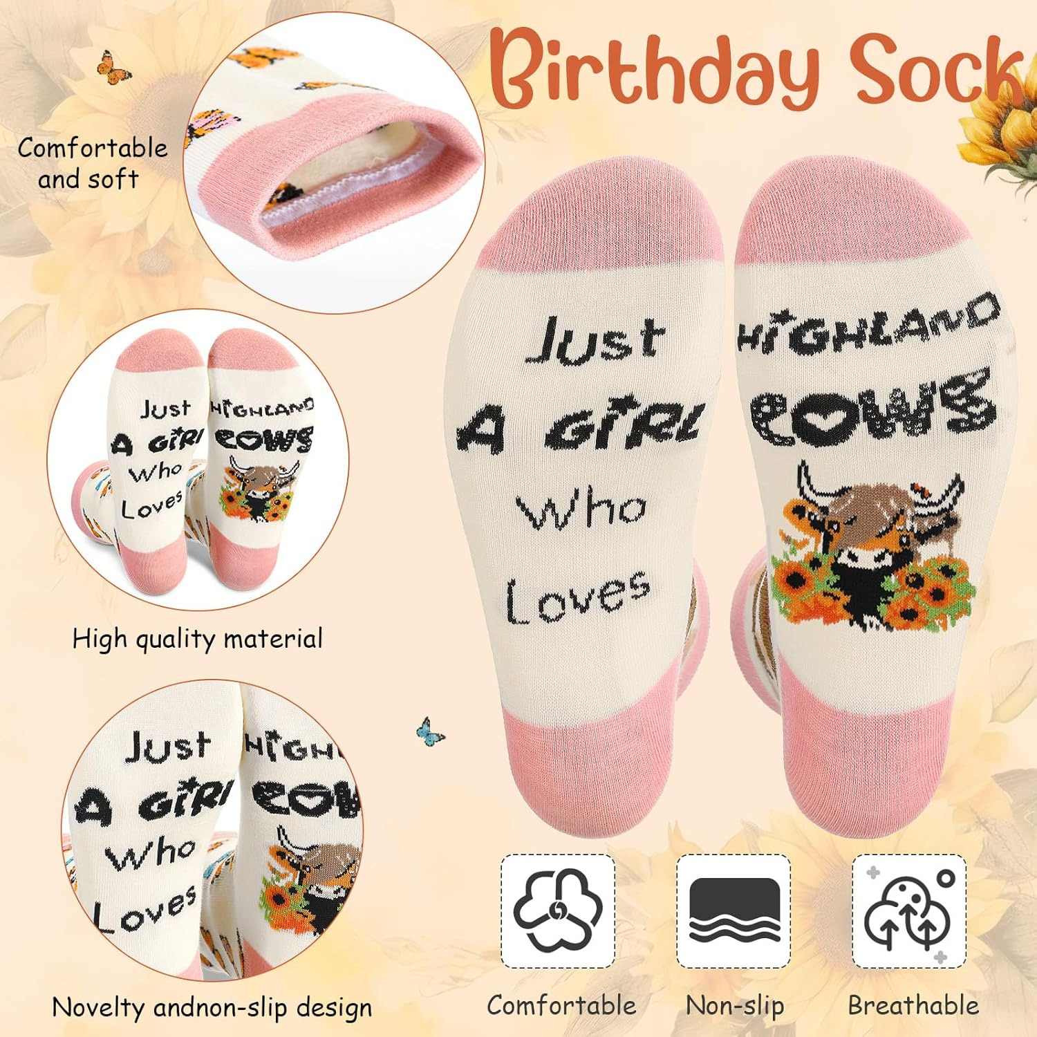 Xuniea 3 Pcs Highland Cow Gift Set for Women Cow Lover Highland Keyring Cattle Makeup Bag Cotton Socks Just a Girl Who Loves Gifts Cute Animal Themed Party Supplies for Birthday Graduation image number 3