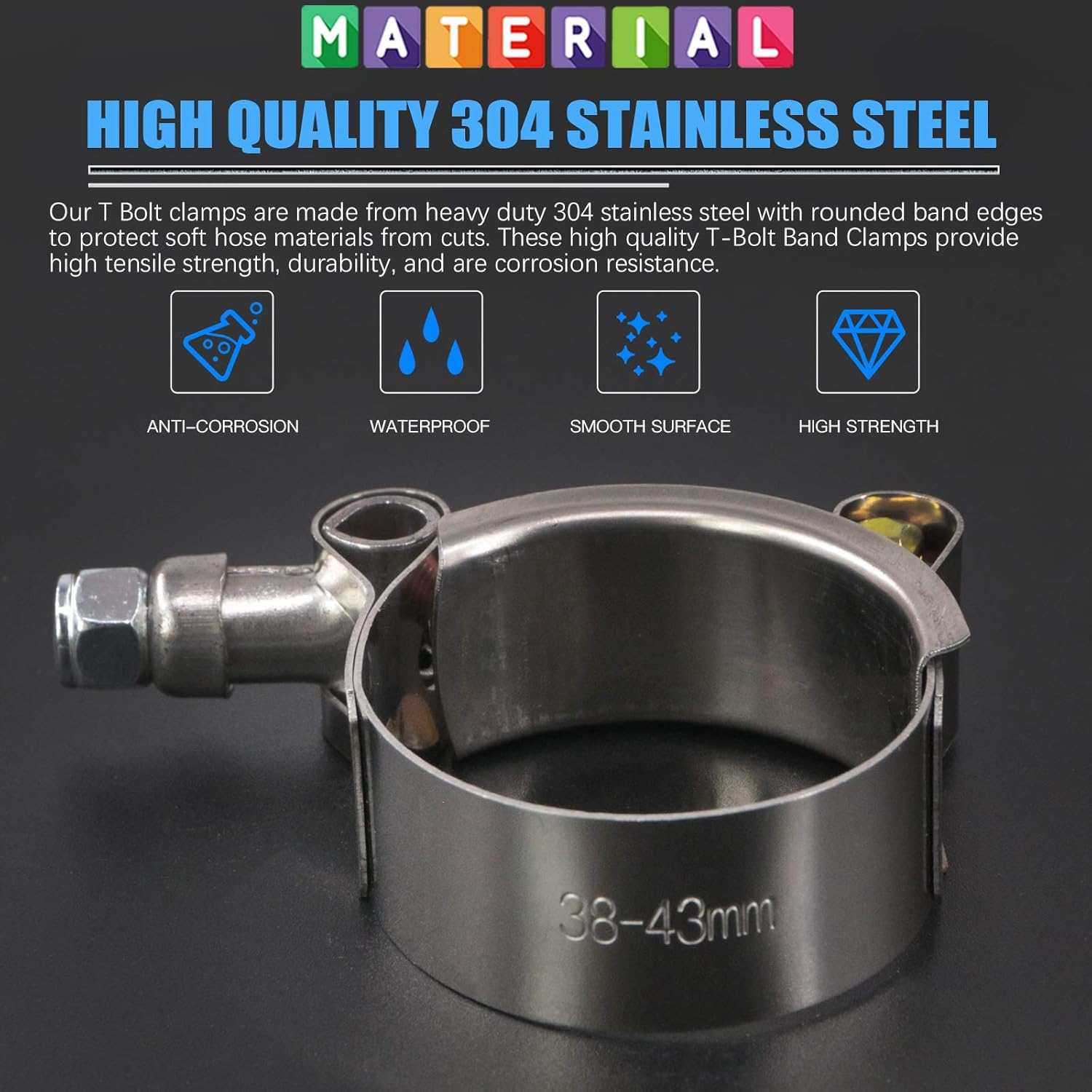 Glarks 5Pcs 38-43Mm Stainless Steel T-Bolt Hose Clamps Turbo Intake Soft Hose Intercooler Clamps image number 2