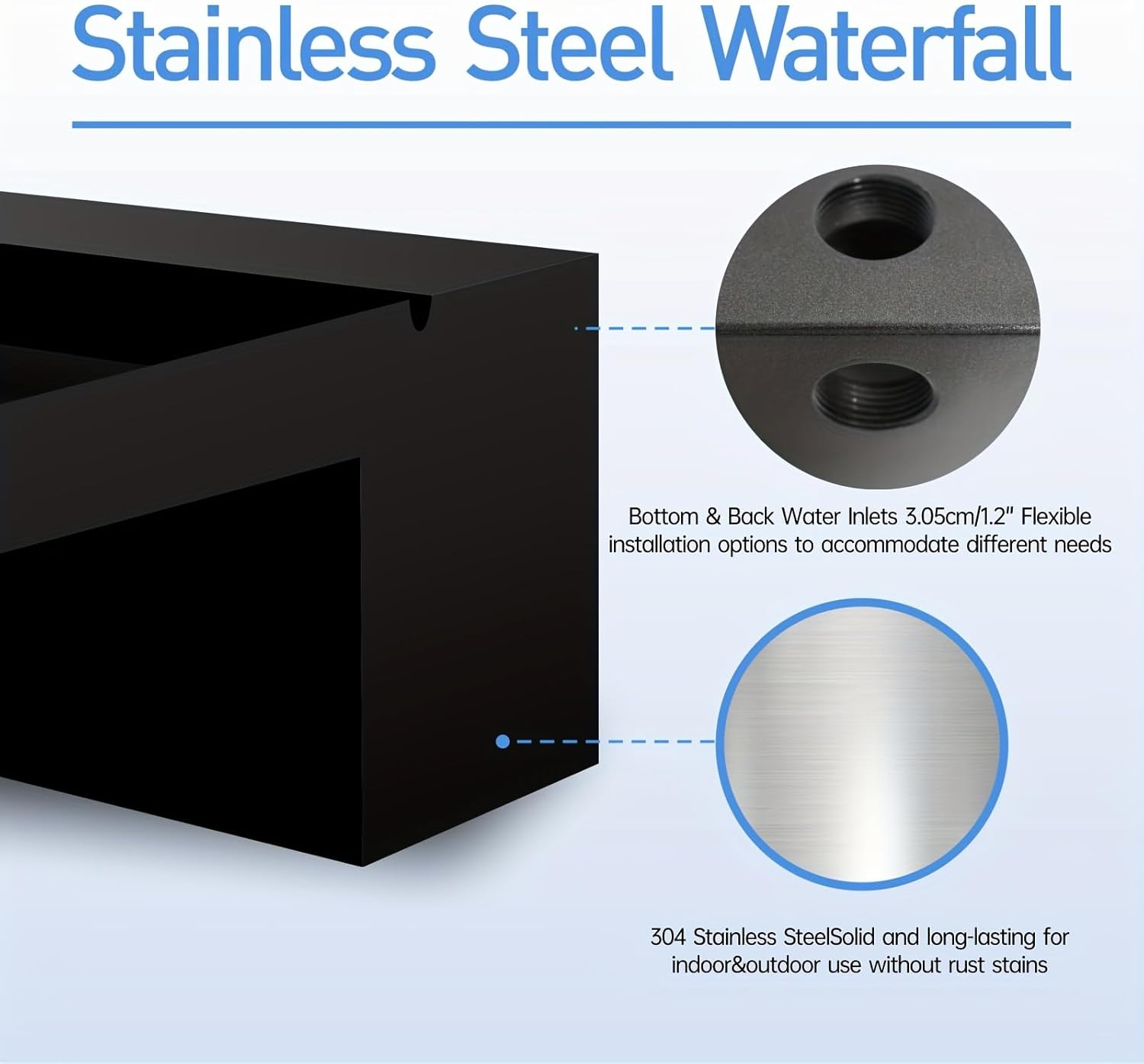 Pool Waterfall Spillway for Garden Ponds, Stainless Steel Water Flow Decor Pond Fountain Kit for Indoor/Outdoor Decorative, 30X20X10Cm Black Water Feature for Patio, Backyard (No LED Light)