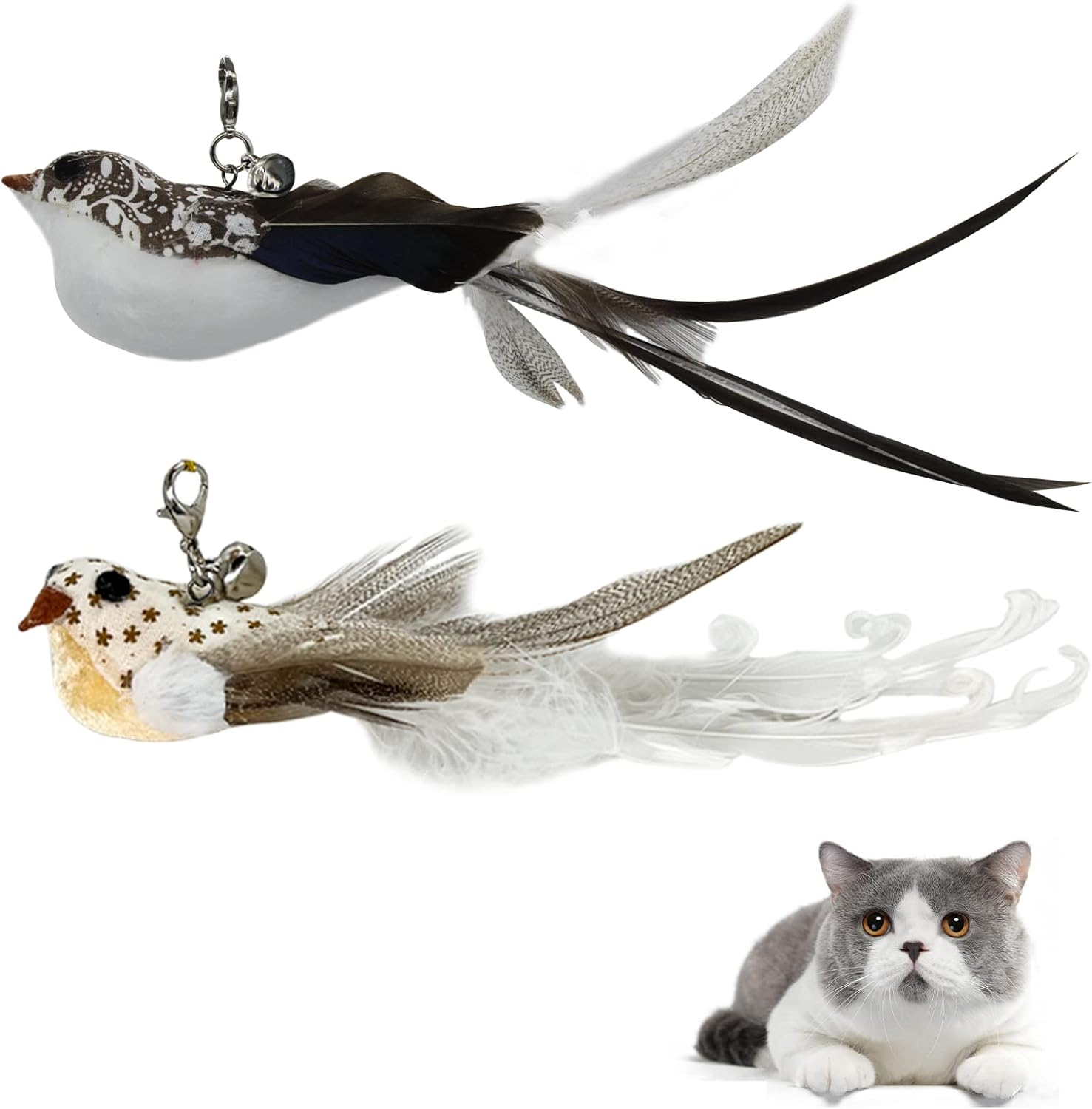 Andiker Interactive Cat Toy with Bell, Cat Wand with 2 Artificial Birds Replacement, Cat Feather Wand for Playing and Training, Funny Cat Sticks for Indoor and Outdoor Exercise (Blue+Brown)