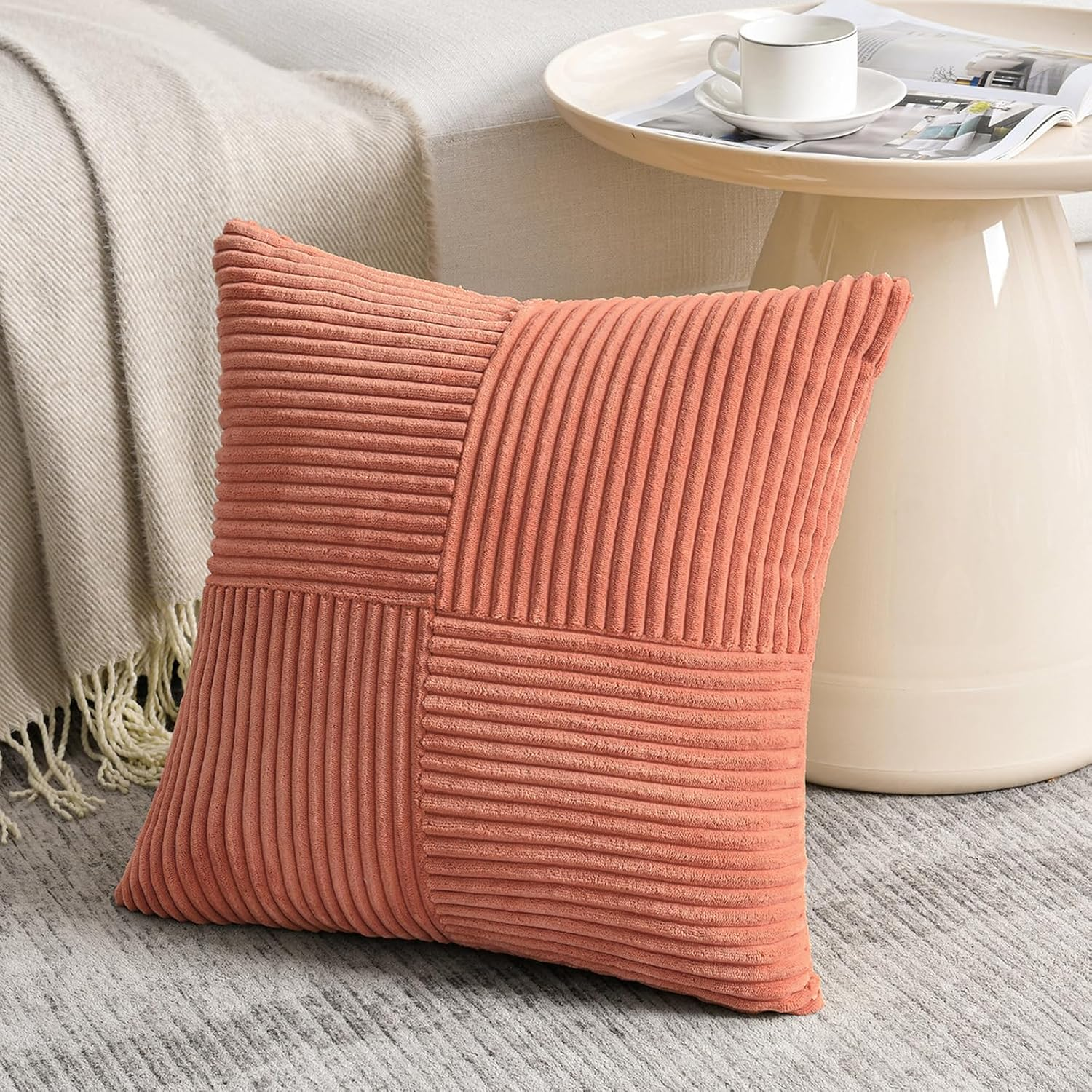 Fancy Homi 2 Packs Coral Decorative Throw Pillow Covers 18X18 Inch for Living Room Couch Bed, Rustic Farmhouse Boho Home Decor, Soft Corss Corduroy Patchwork Textured Peach Cushion Case 45X45 Cm