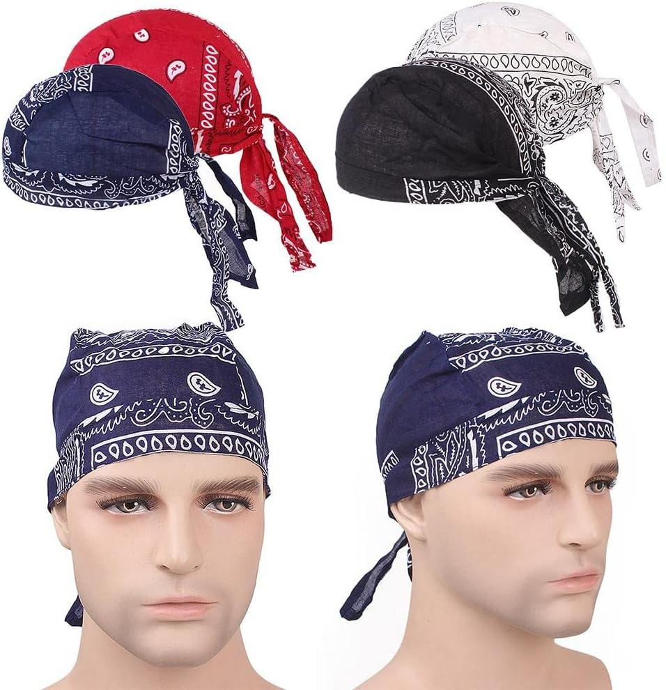Rockible 4Pcs Mens Turban Chemo Cap Durag Muslim Beanie Hair Loss Head Scarf Hat image number 5
