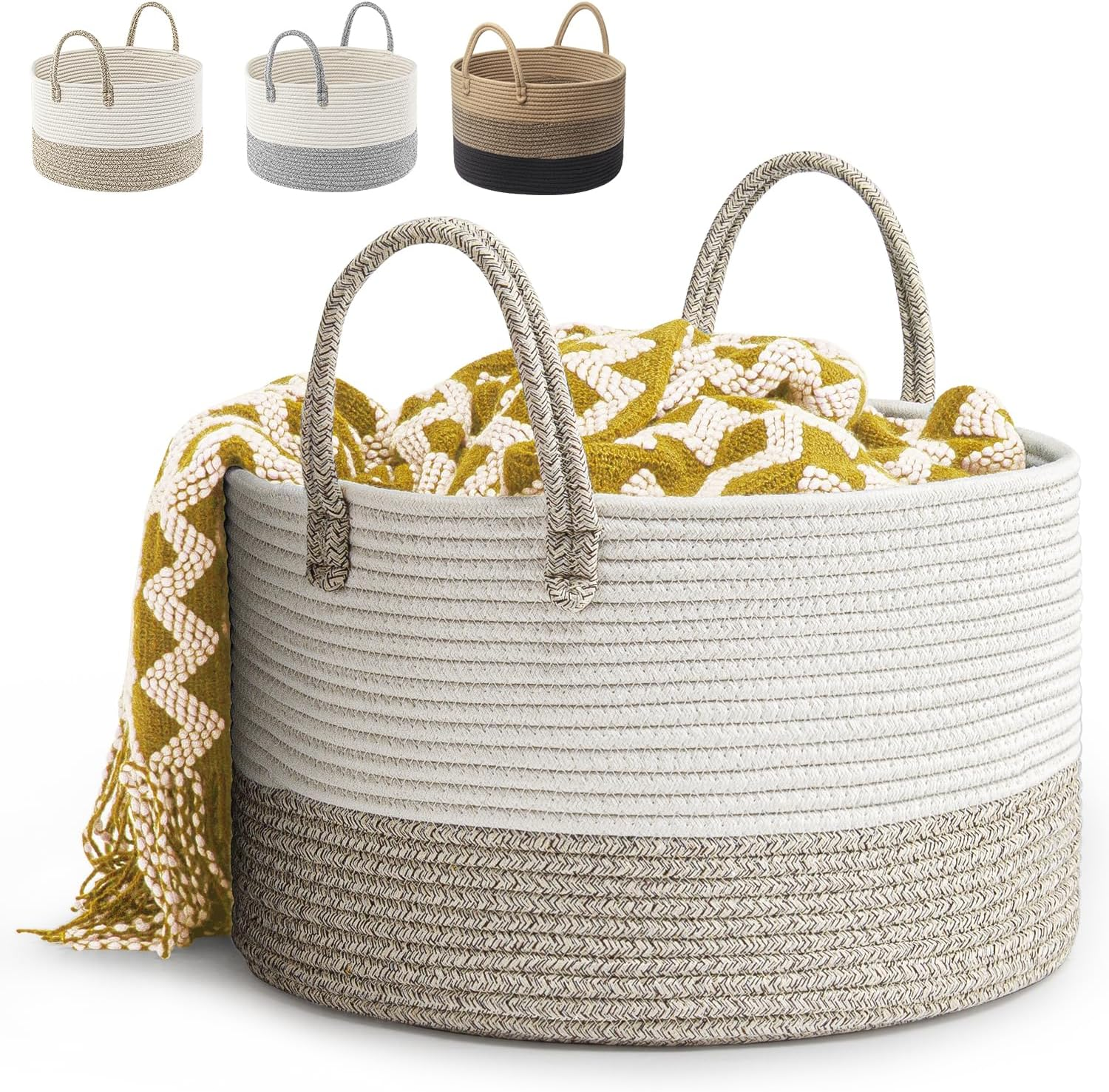 Woven Cotton Rope Laundry Basket 40 X 25Cm Woven Clothes Storage Basket 32L Decorative Cotton Rope Blanket Basket Collapsible Laundry Hamper with Handle, for Laundry Room(Black)