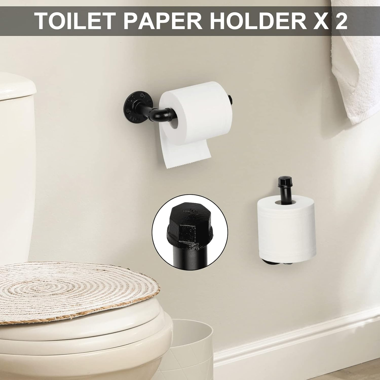 Industrial Bathroom Hardware Set 10 Pieces Bath Towel Bar Set Includes round Towel Ring Hand Toilet Roll Holders for Wall 18 and 25 Inch Towel Rack Robe Towel Hooks Black Bathroom Accessory Towel Kit image number 5