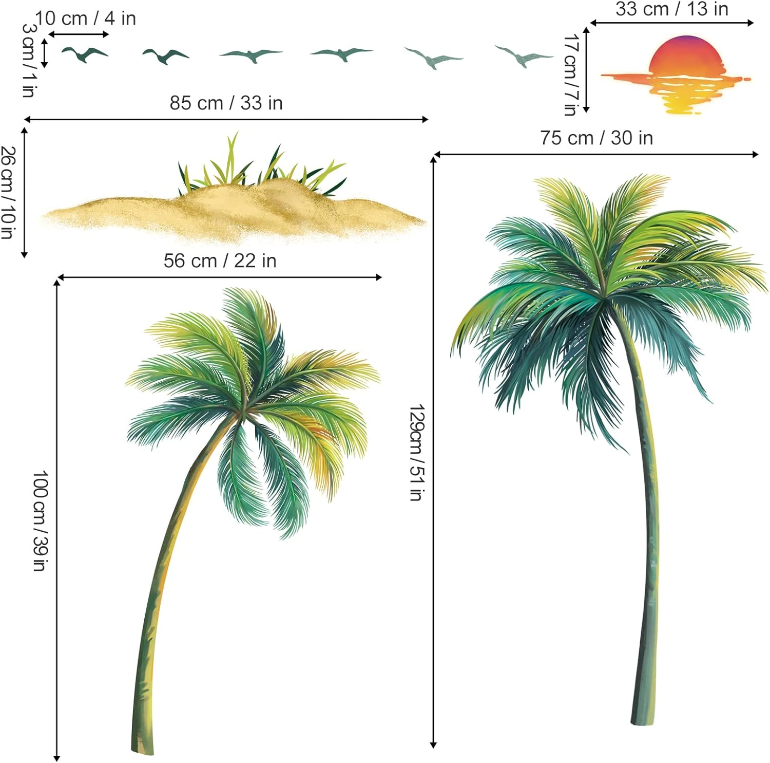 Decalmile Palm Tree Wall Decals Tropical Plant Bird Wall Stickers Bedroom T Wall Living Room Wall Decor (Tree Height: 51/39 Inch) image number 5