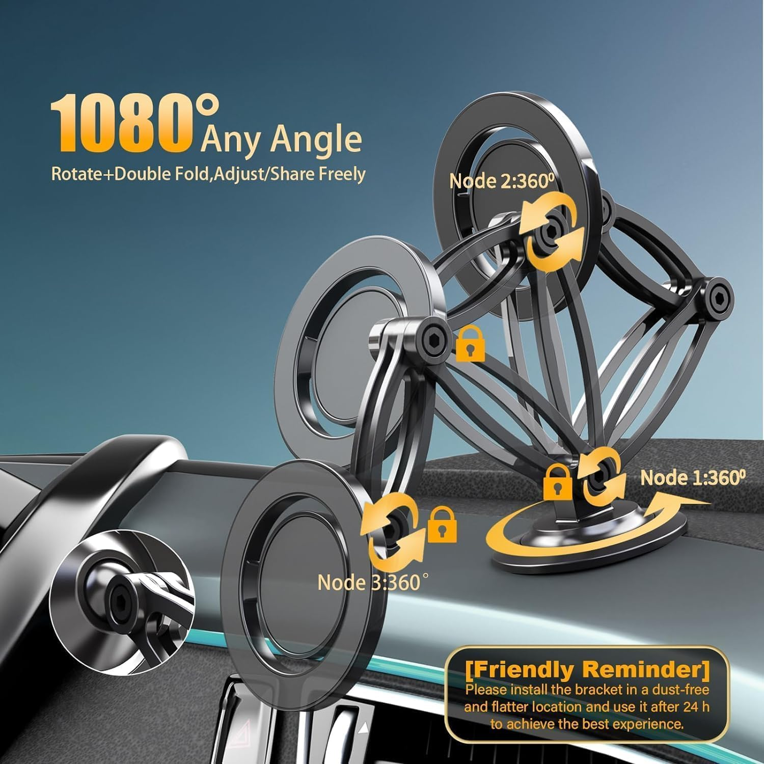 RUNGOS 1080&deg;Rotatable for Magsafe Car Mount [Strong N54 Magnet] [3 Universal Ball Robotic Arm] Indestructible Adjustable Collapsible Magnetic Car Mount Phone Holder for Dashboard Windshield Desk Etc. image number 3