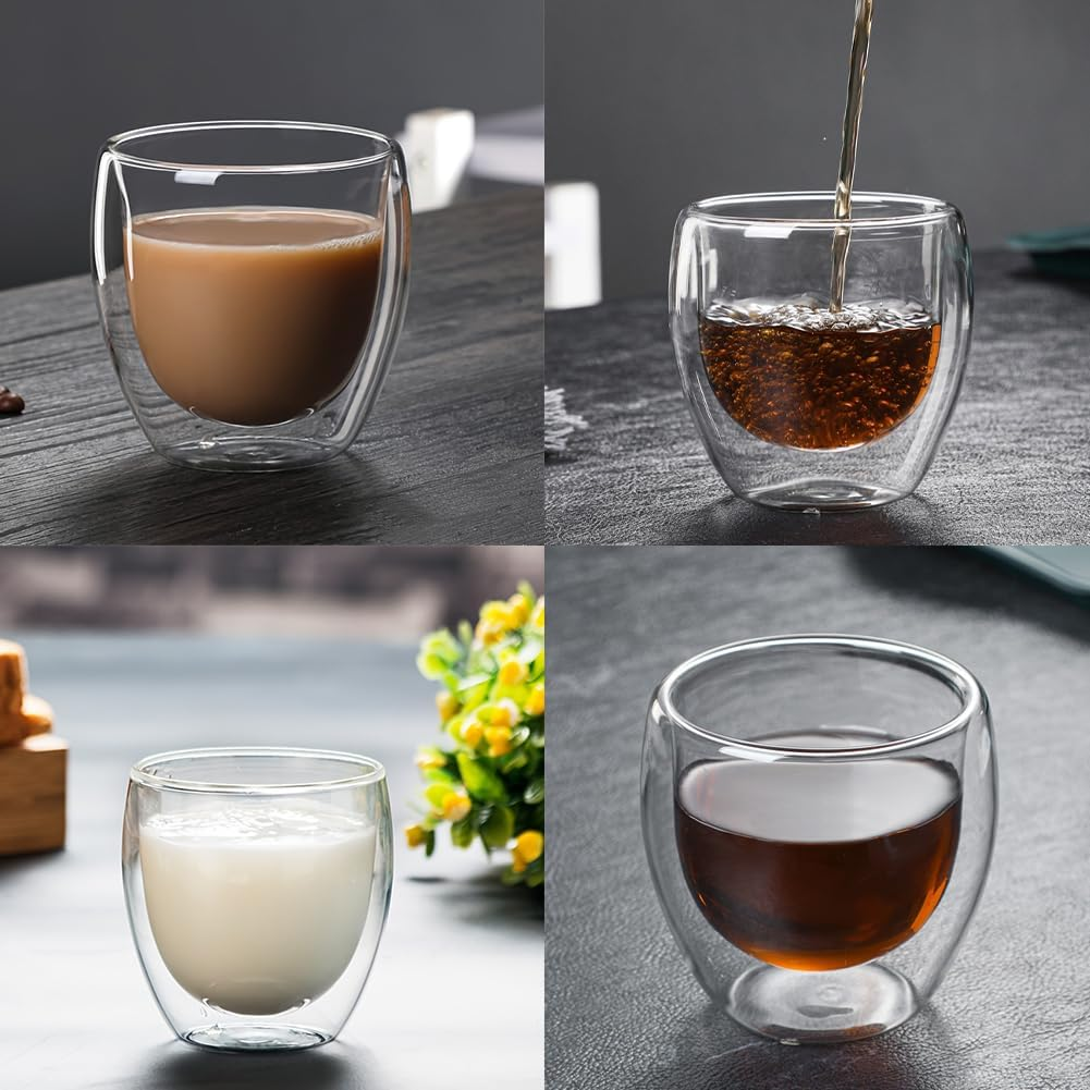 Double Walled Espresso Cups Set of 6, 2.7Oz Clear Expresso Coffee Mugs, Glass Espresso Shot Cup Set, Double Wall Glasses for Latte Cappuccino Cocoa Milk Cafe Juice Tea, 80ML image number 3