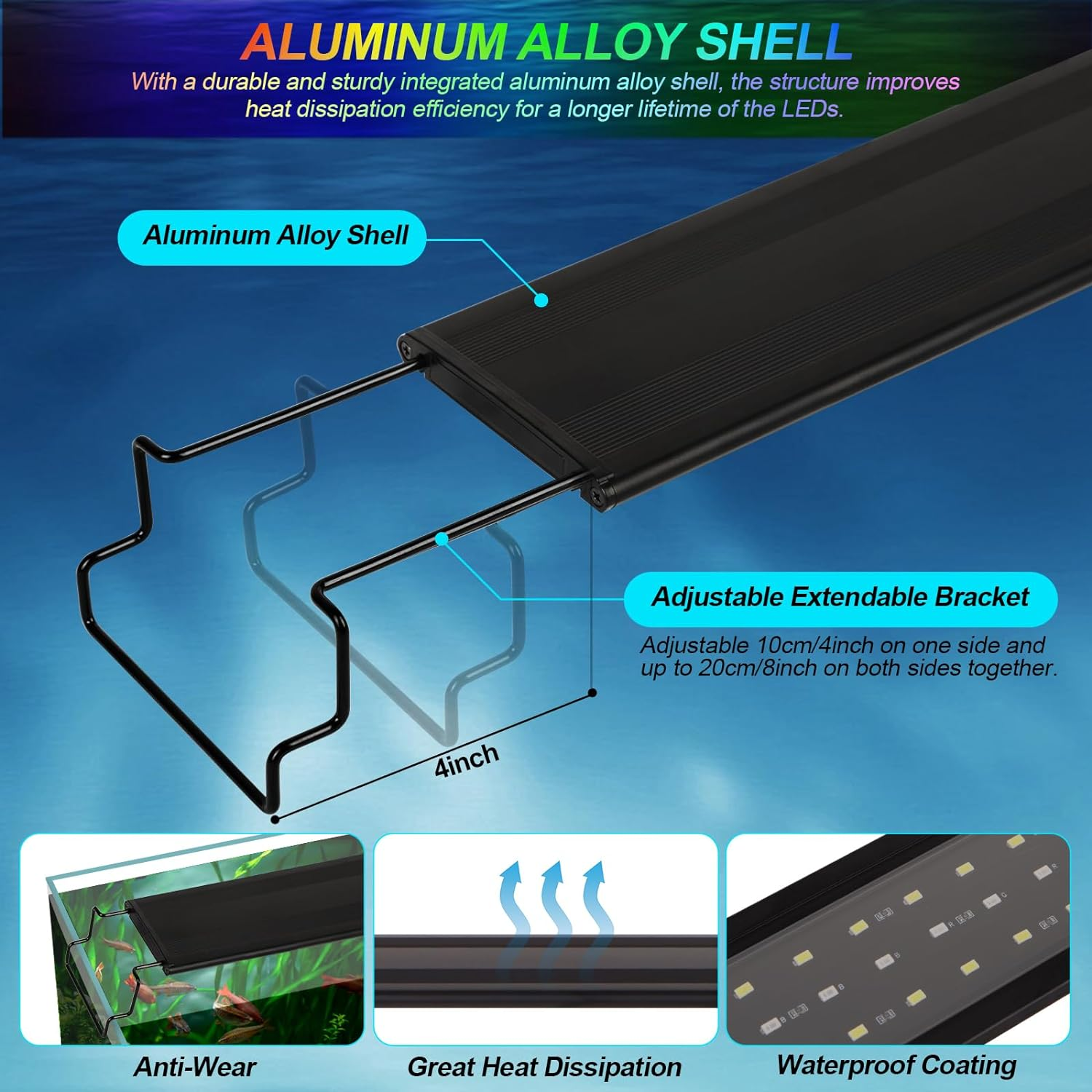 Aquarium Light, Full Spectrum Fish Tank Light with Timer Daylight Moonlight Mode, Alu Alloy Shell Extendable Brackets Fish Lamp for Freshwater Planted Tank (9W (30-50CM)) image number 6