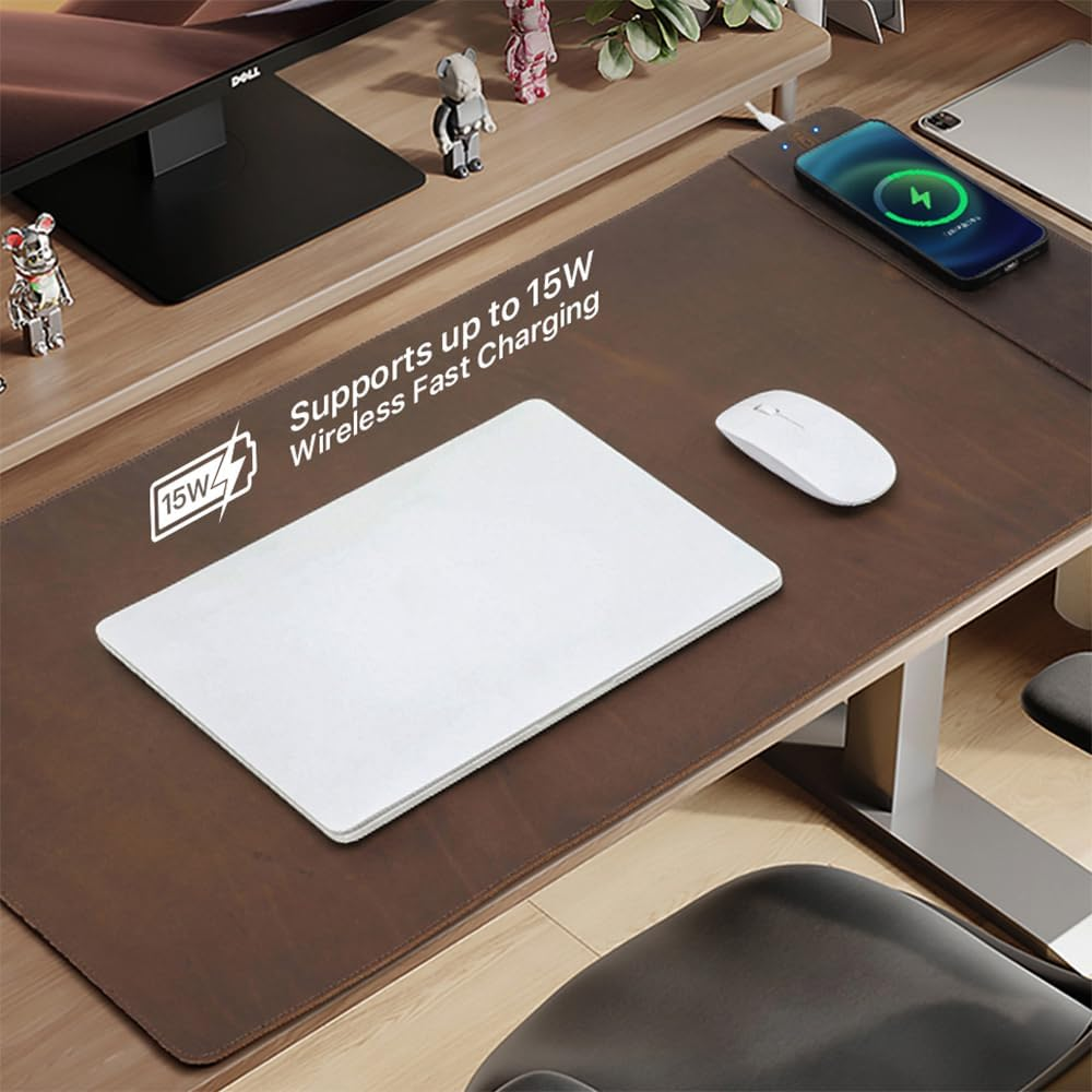 Contacts Top Grain Leather Wireless Charging Desk Mat with 15W Wireless Charger Type C Chargering Port Computer Desk Pad Large Mouse Pad 80X40 Cm image number 3