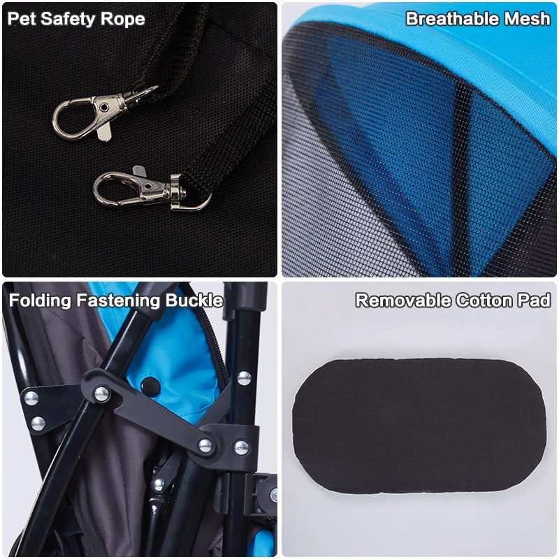 Sunny Sonny Foldable Jogger Pet Stroller with Weather Cover Storage Basket Pet Travel Carrier for S/M Dogs Cats up to 15Kg (Black) - Blue image number 4