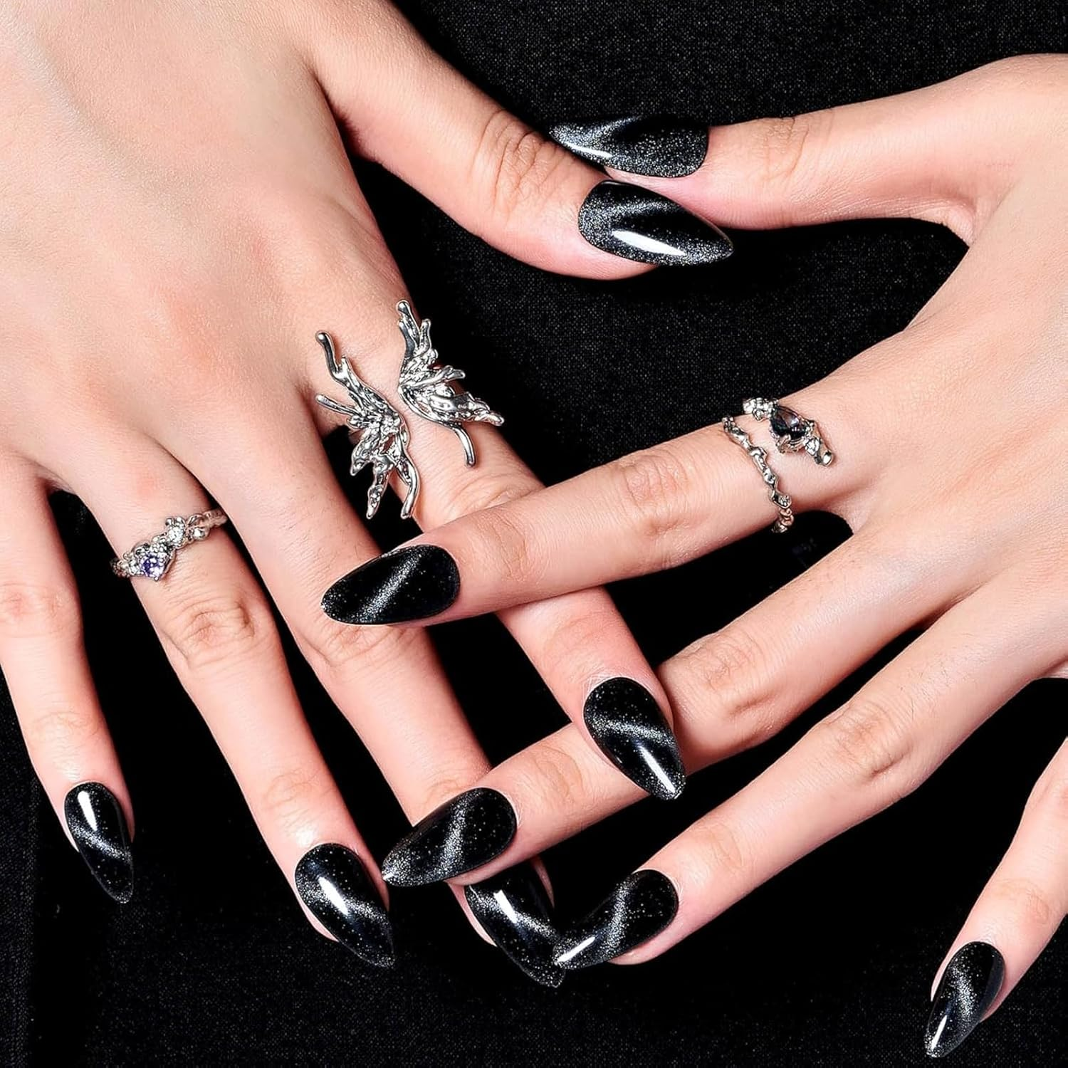 Artisan Elegance Press-On Nails - Premium Handmade Nylon Nails with Gel-Like Shine, Reusable False Nails with Adhesive Tabs, Trendy French Tip & Glitter Designs, 24 Sizes Kit (Black-1Pcs) image number 2